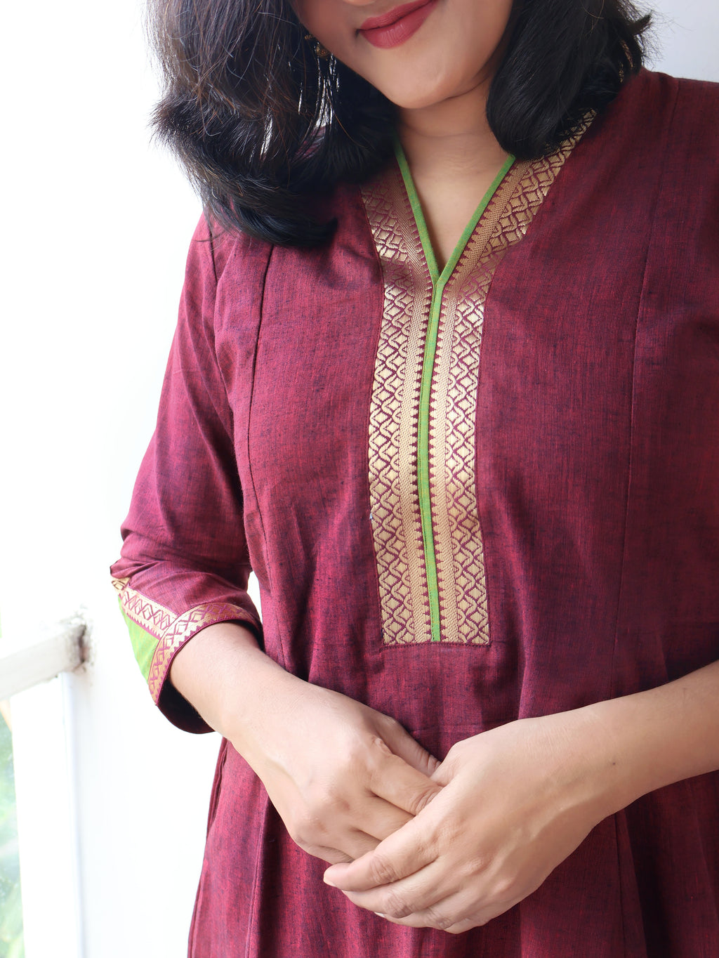 Premium Handloom Maroon Kurta with Zari and Trim Details