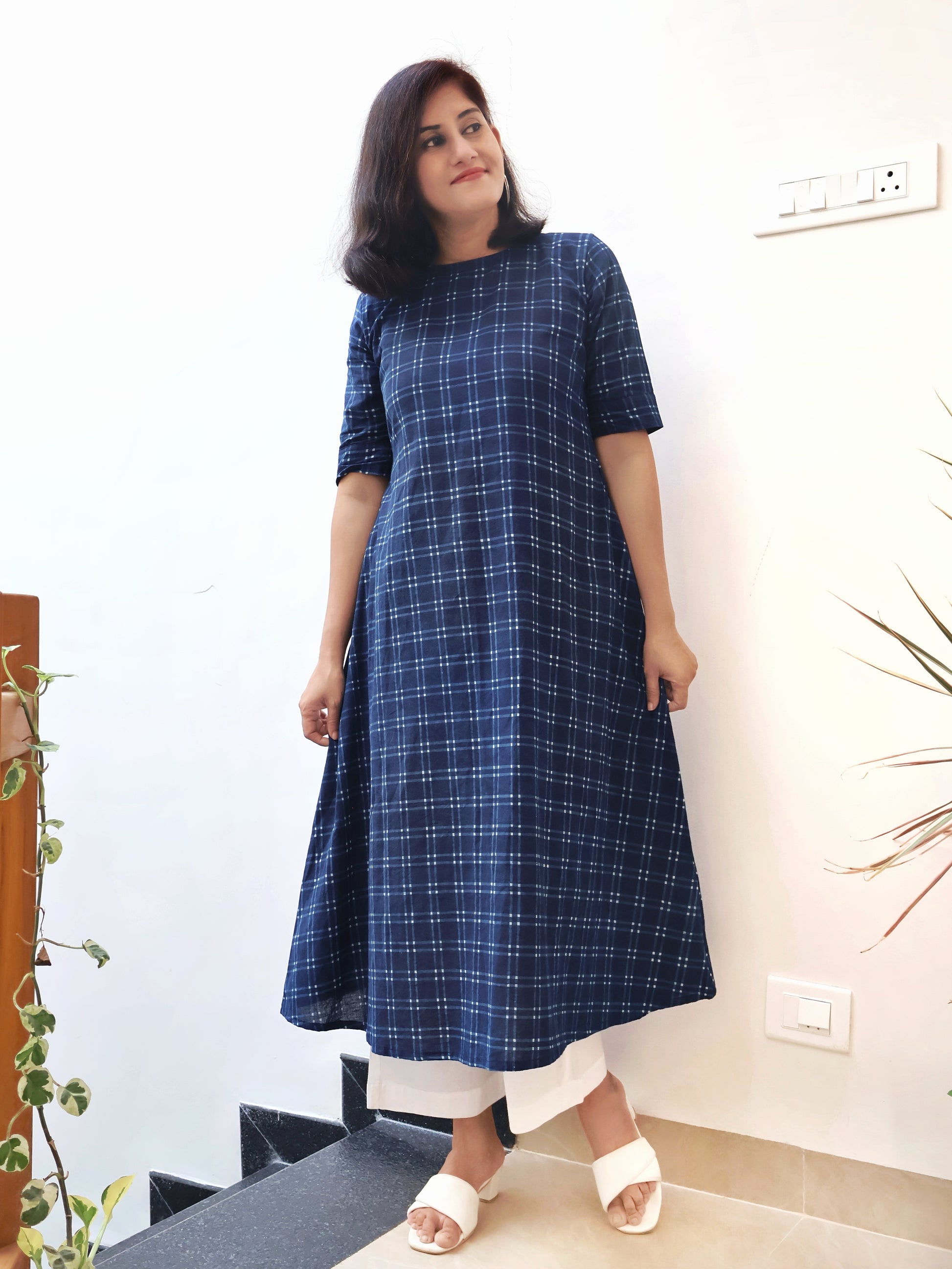Indigo Checks Dabu Hand Block Cotton Kurta