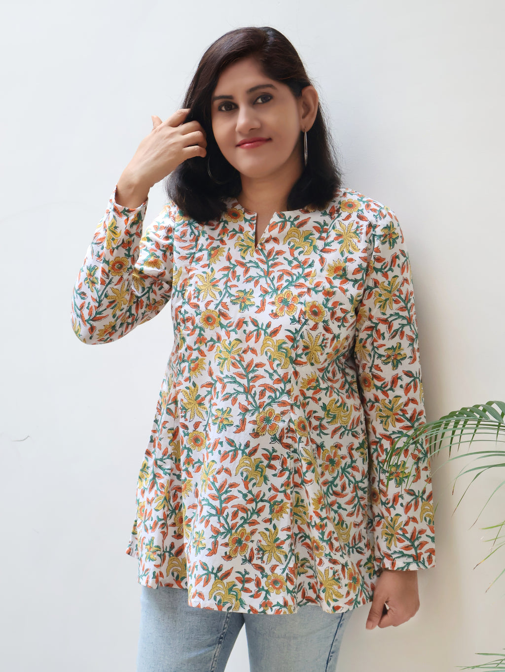 white floral pure cotton sanganeri short top  for women with full sleeves
