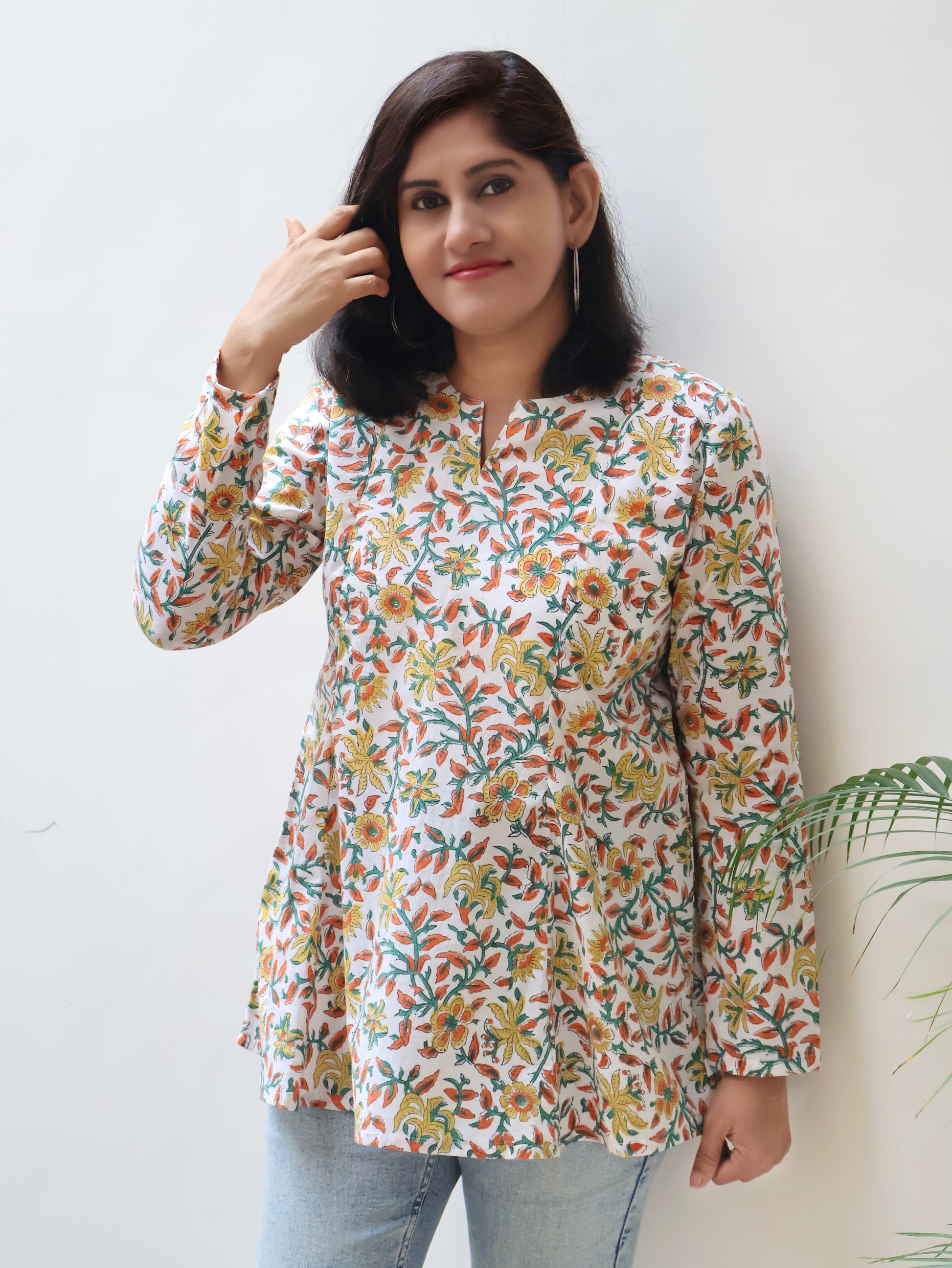 white floral pure cotton sanganeri short top  for women with full sleeves