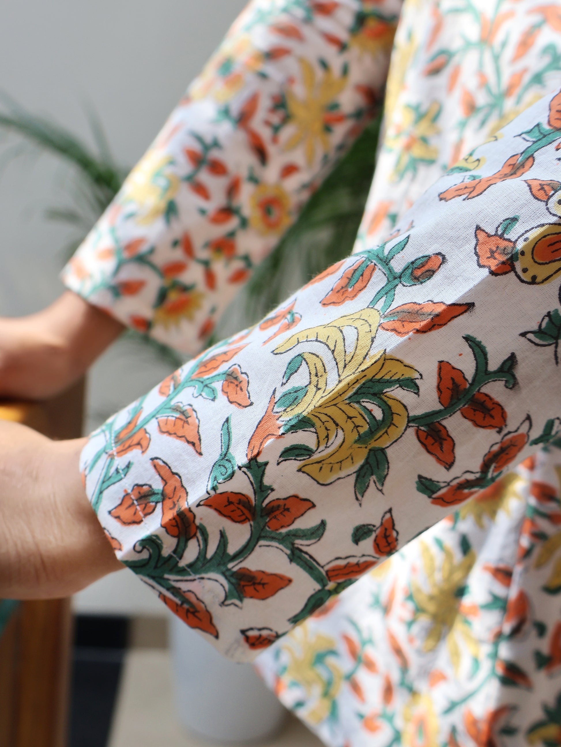 white pure cotton hand block short top with full sleeves