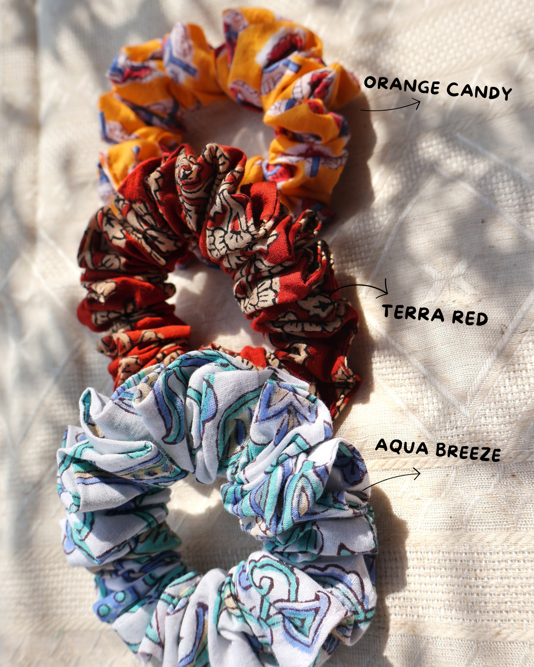 Premium Hand Block Cotton Scrunchies - Pack of 3