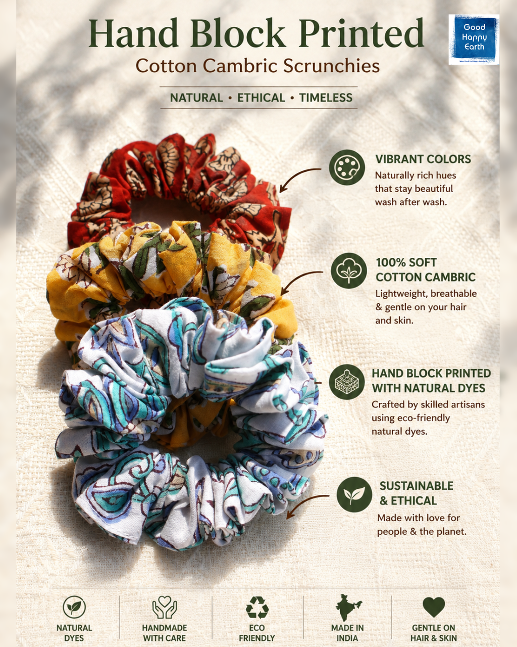 Hand block printed cotton cambric scrunchies with product details on a light background