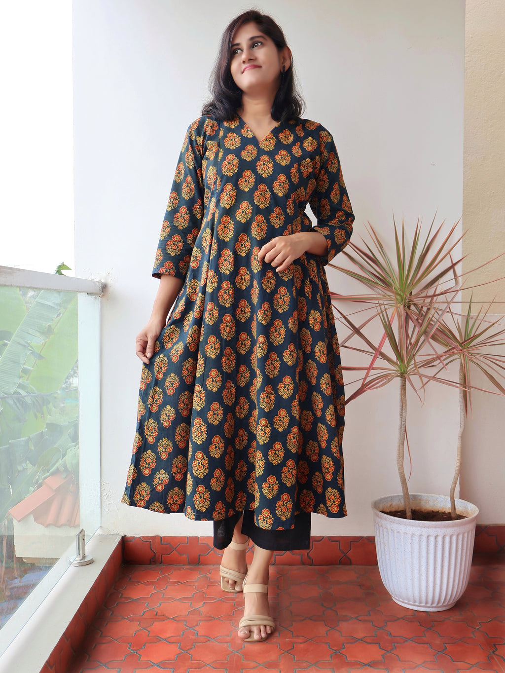 green-ajrakh-handblock-cotton-paneled-kurta-naturally-dyed-pure-cotton