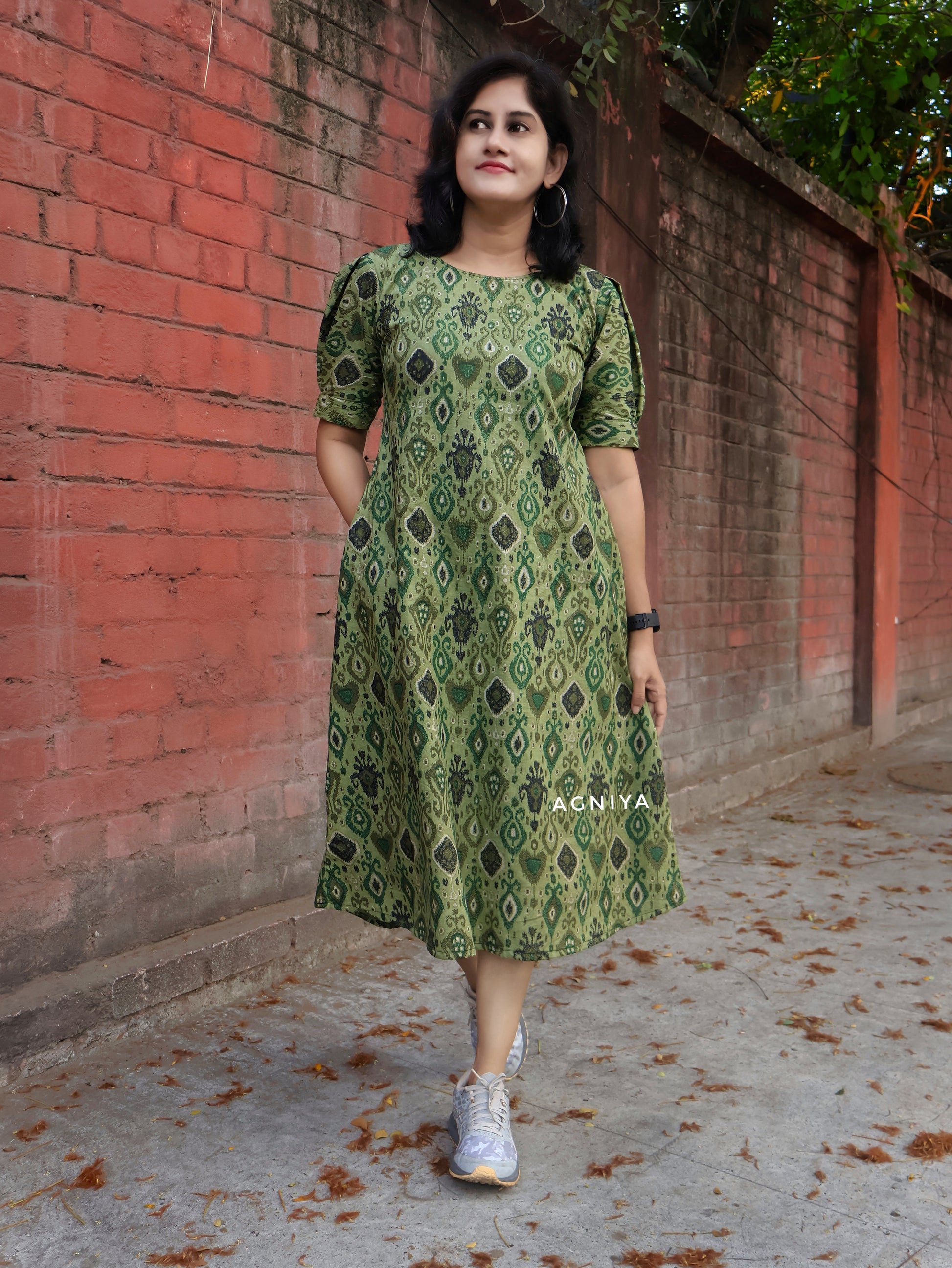 Green Ikat Print Pure Cotton Aline Dress with Lining