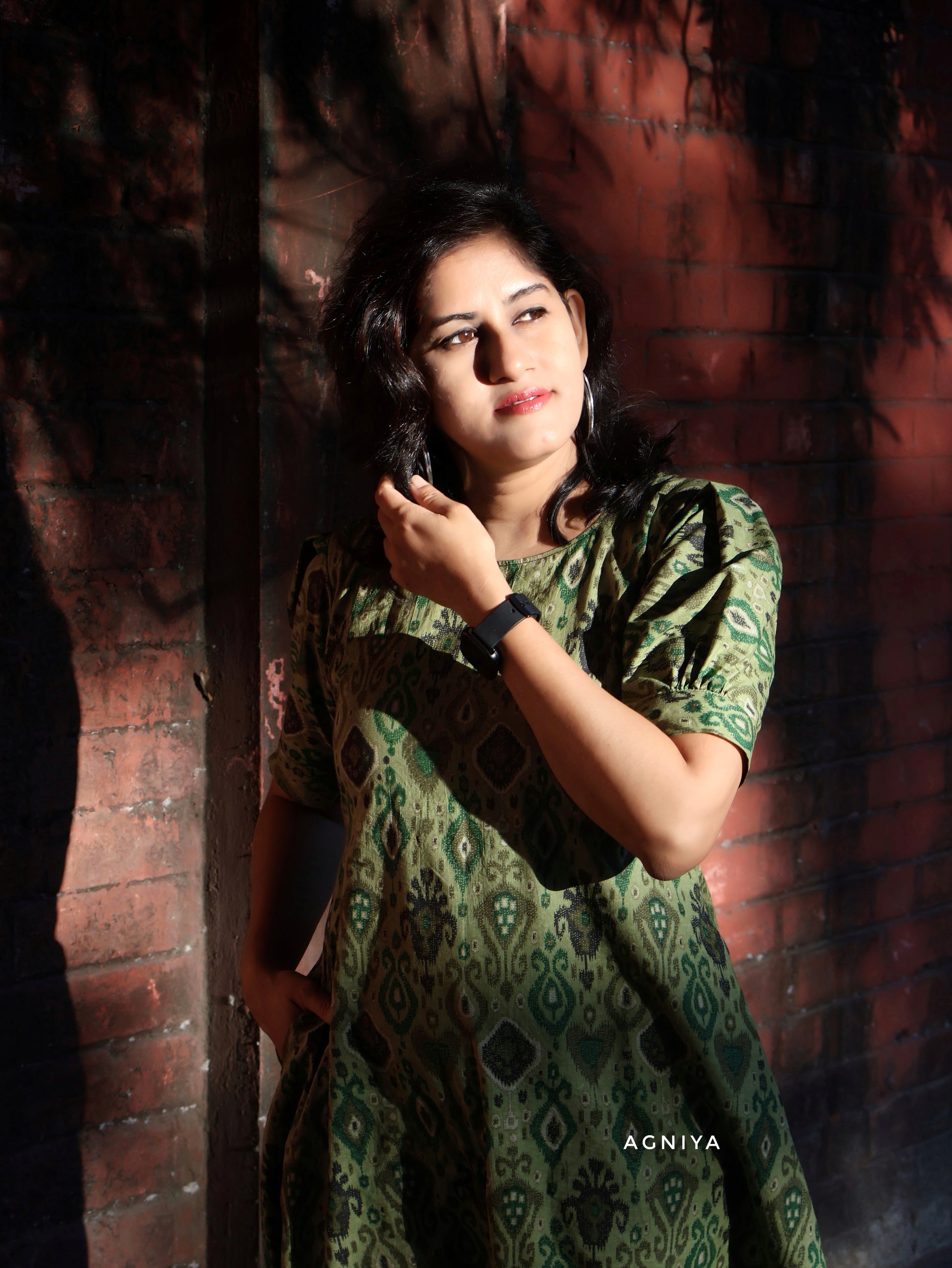 Woman in a beautiful green soft cotton dress green online
