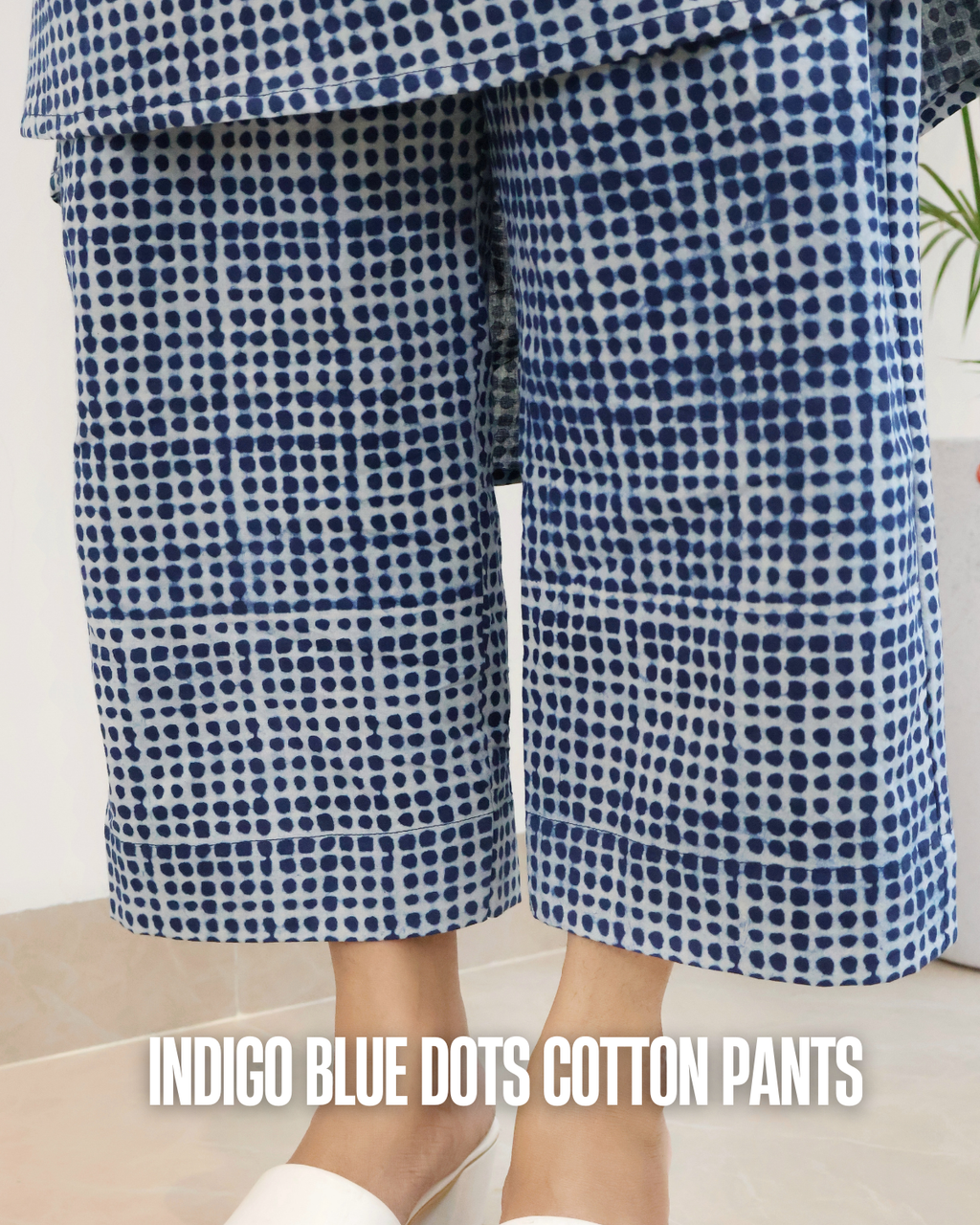 Model wearing Indigo Blue Cotton Kurta Set with pockets and straight pants