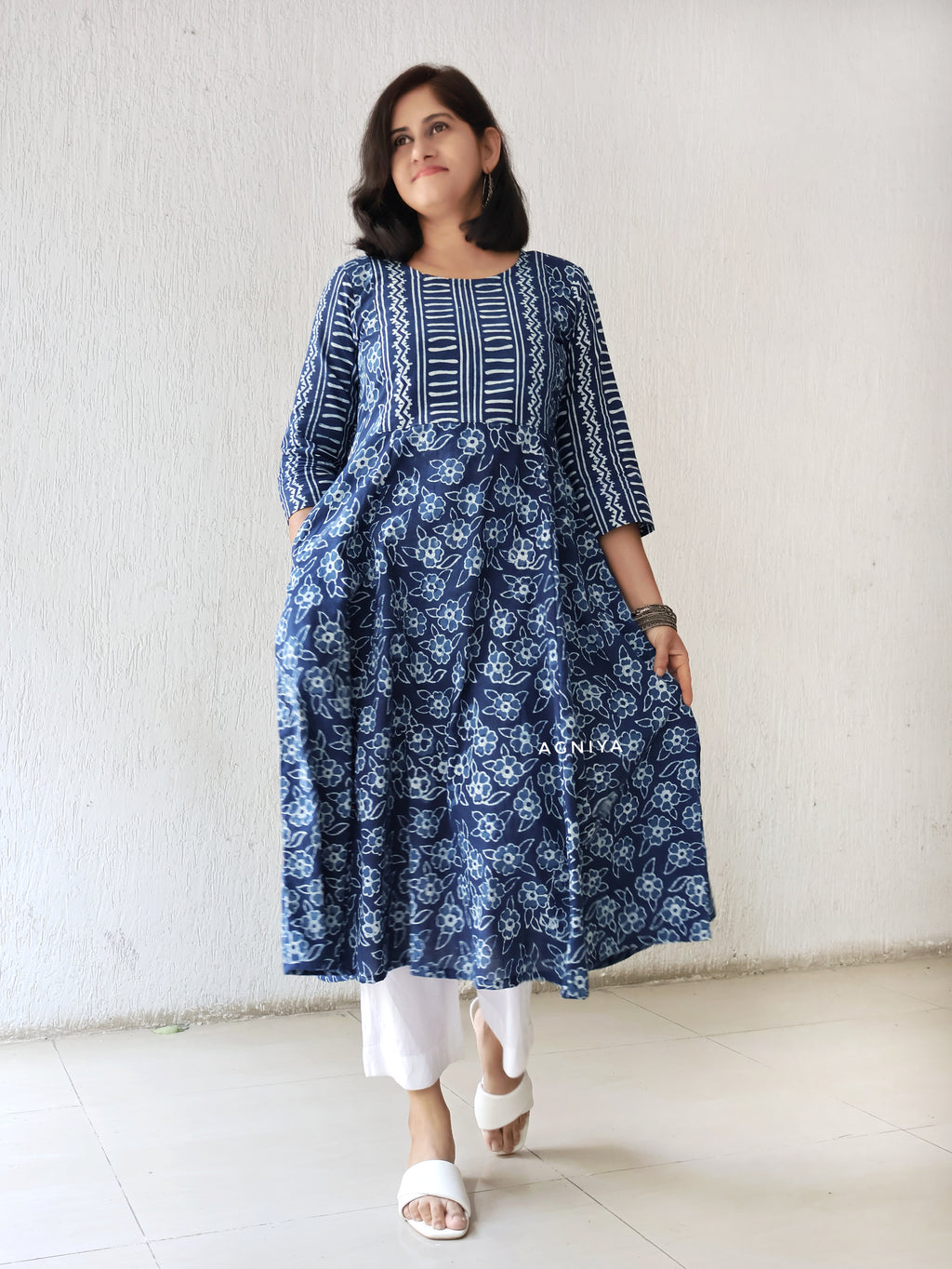 Women’s Pure Cotton Indigo Kurta with Geometric Yoke Detailing and Natural Dabu Print