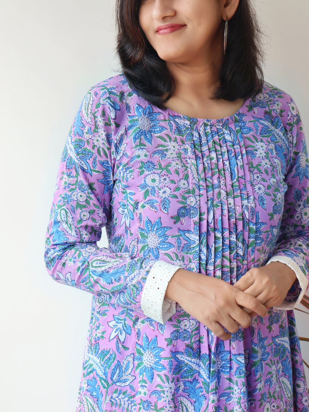 Elegant Iris Purple Hand Block Printed Cotton Kurta with Pintuck Details