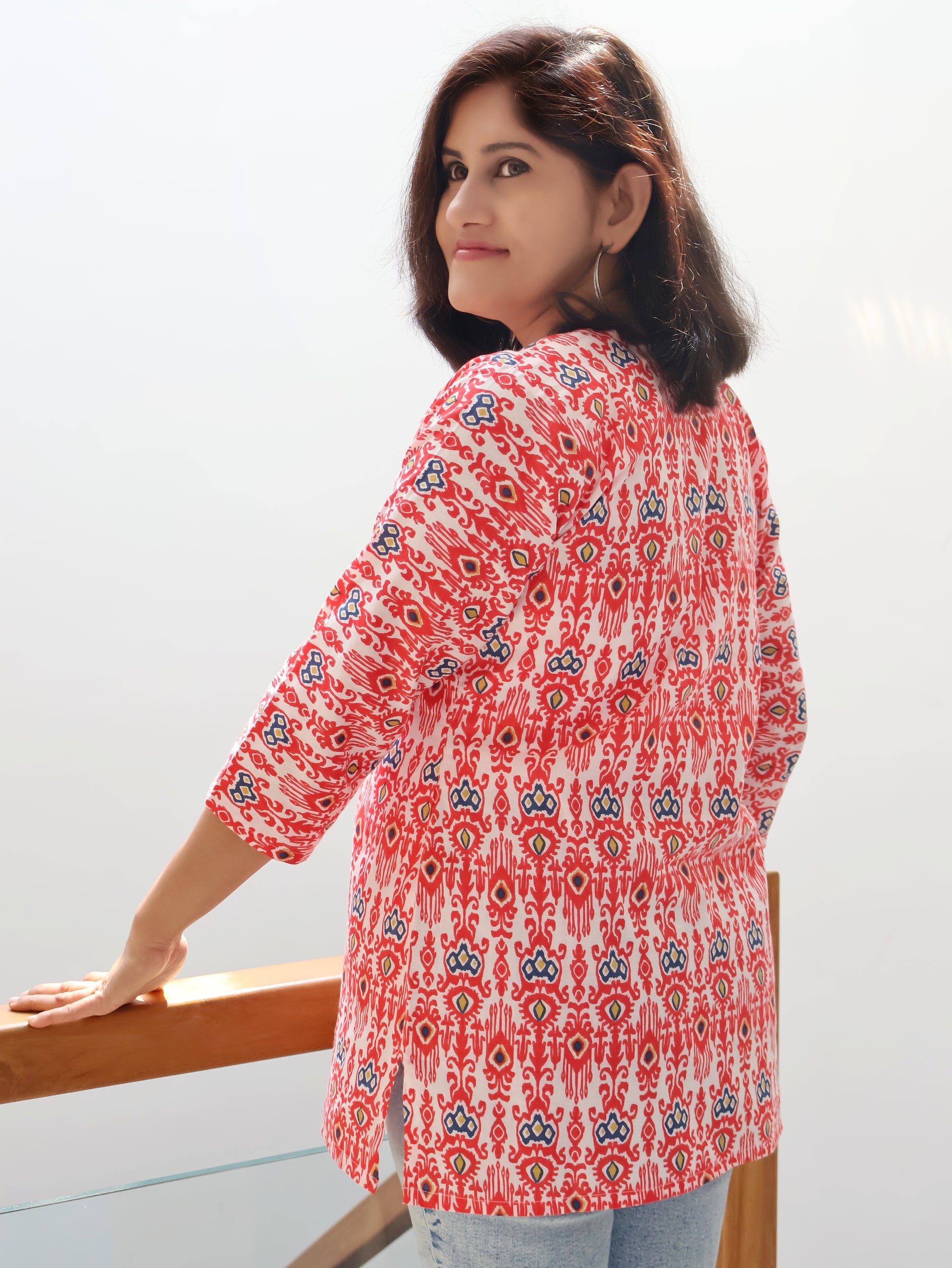 Soft Cotton Red White Ikat Print Top for Casual Wear