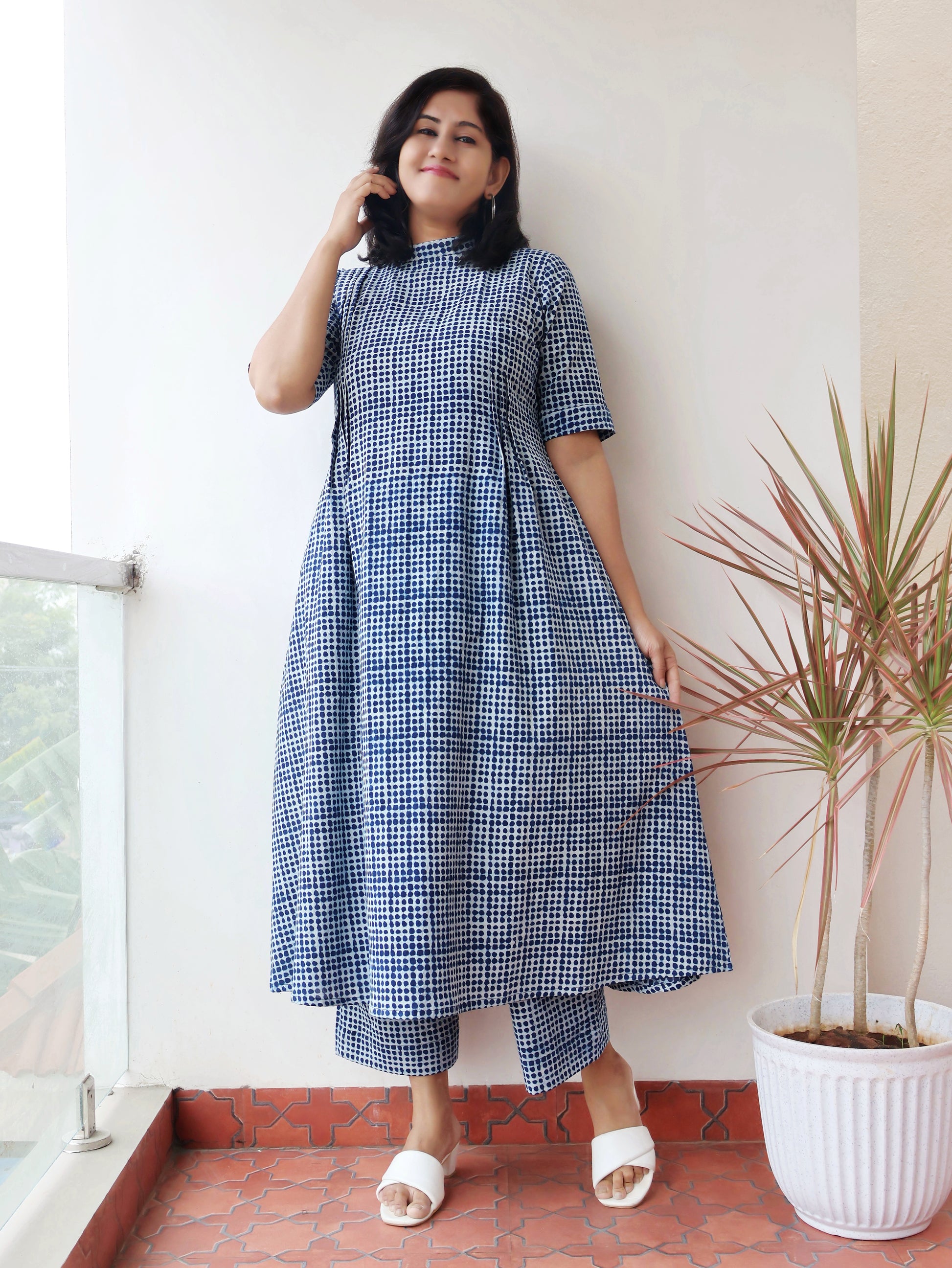 Front view of Indigo Blue Dots Hand Block Cotton Kurta Set with A-line fit and high collar