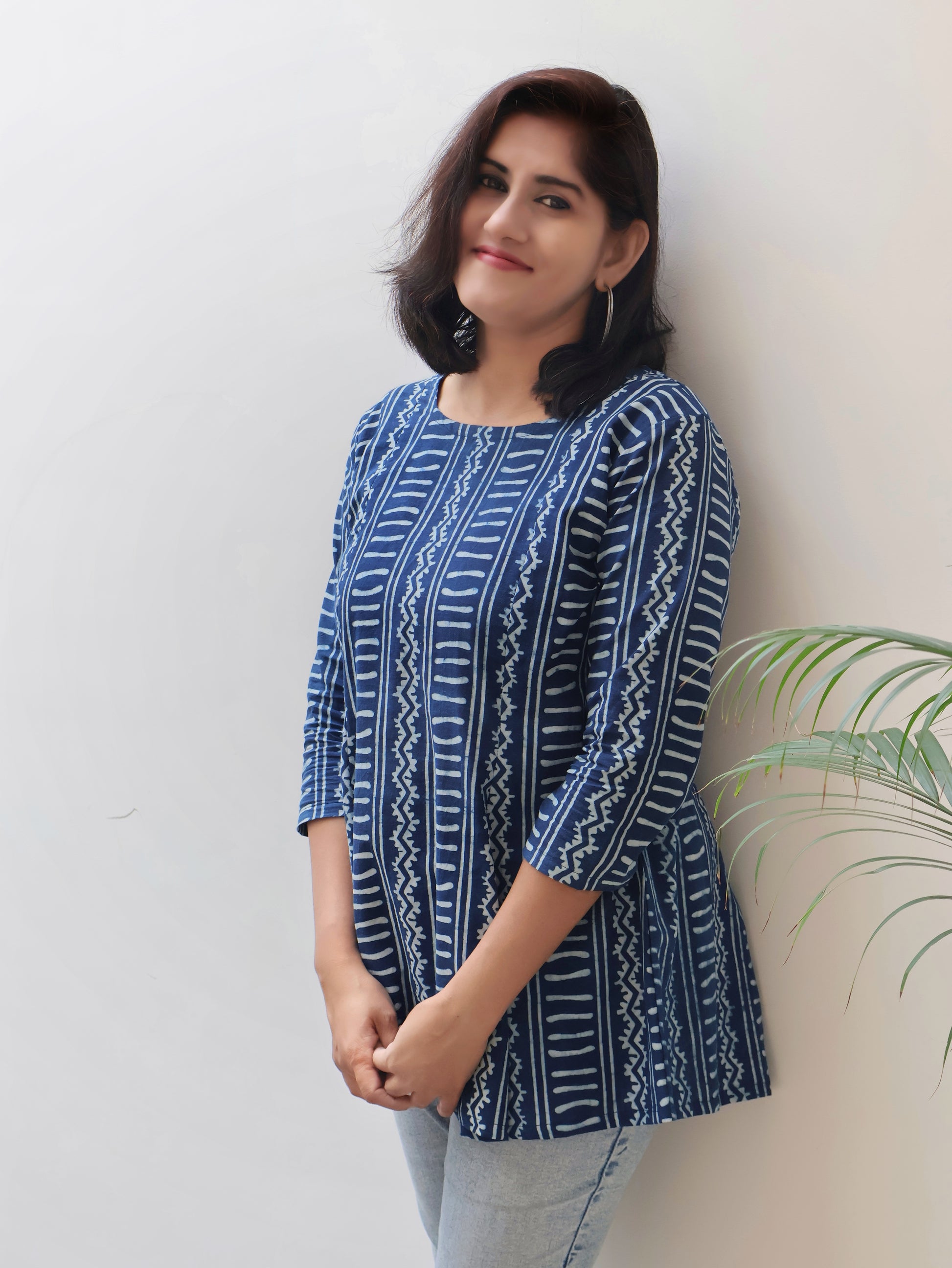 Indigo Dabu hand block print on pure cotton fabric, stylish geometric design,