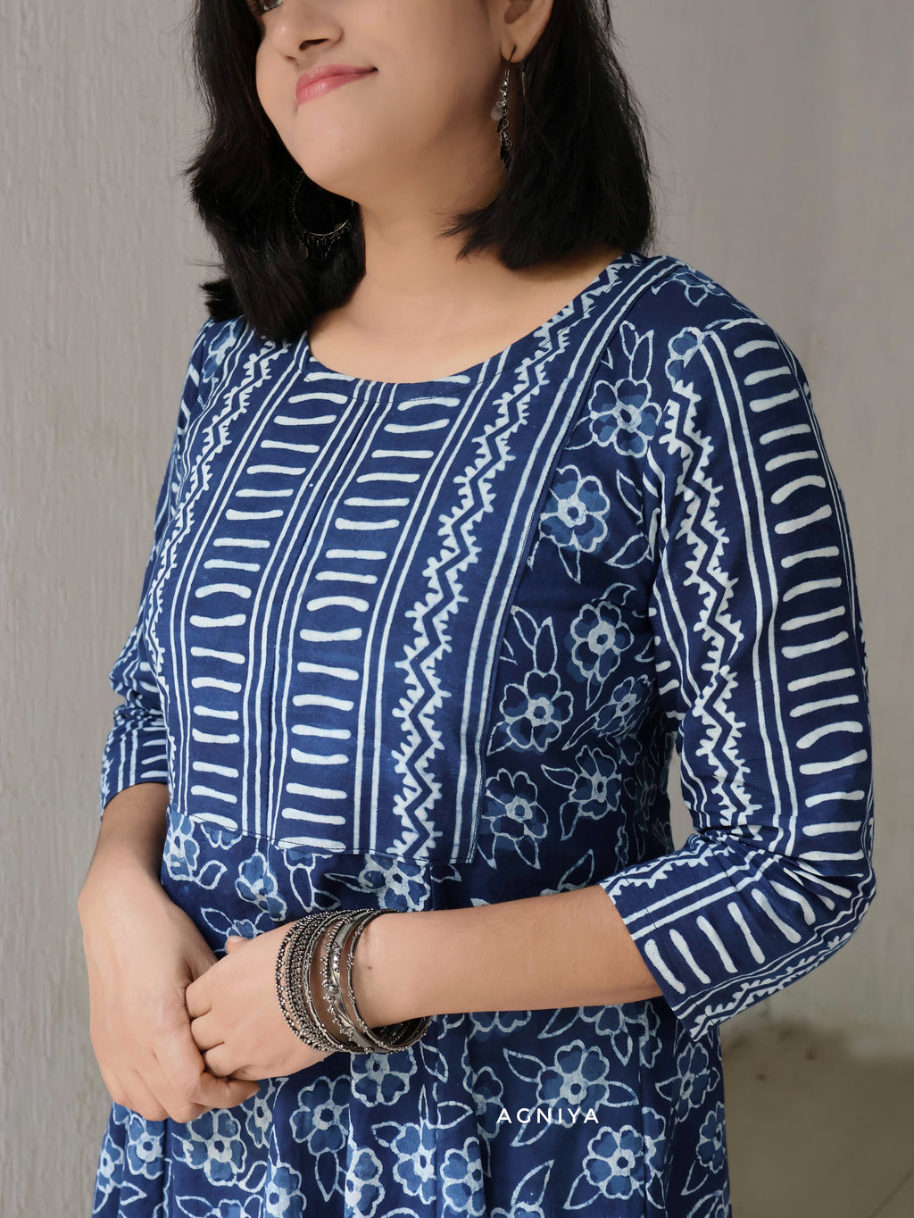 ndigo Blue Stripes and Floral Hand Block Pure Cotton Kurta for Women – Dabu Print, Paneled A-line Fit, Geometric Yoke, 3/4th Sleeves, Pocket