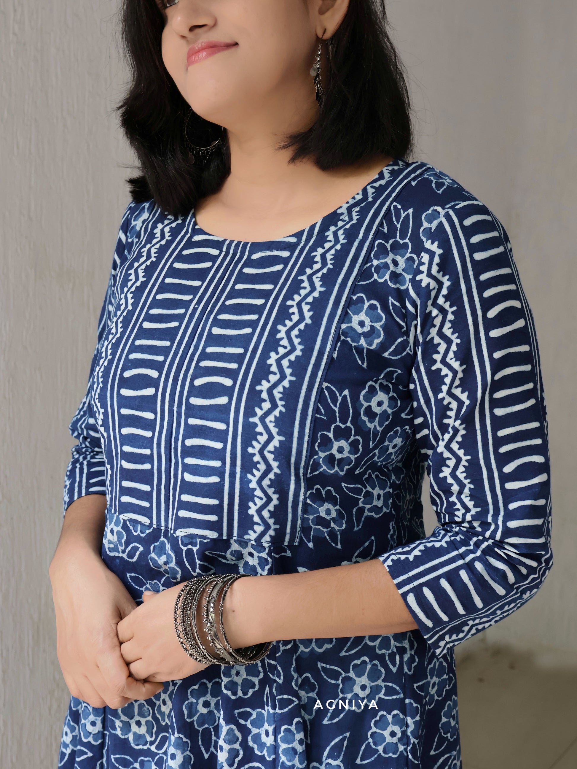 ndigo Blue Stripes and Floral Hand Block Pure Cotton Kurta for Women – Dabu Print, Paneled A-line Fit, Geometric Yoke, 3/4th Sleeves, Pocket