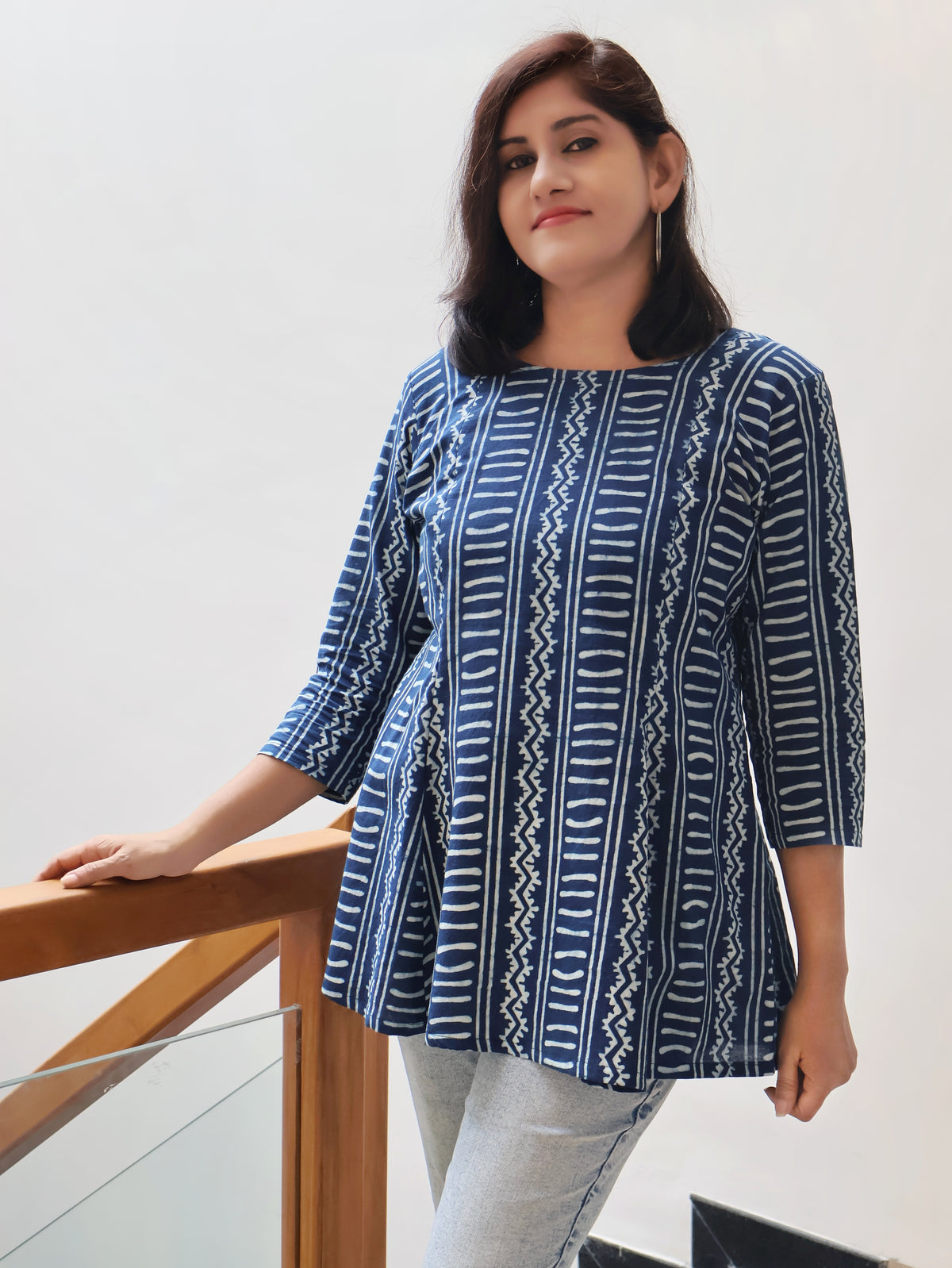 Indigo Geometric Chic Dabu Cotton Short Top styled for casual and office look