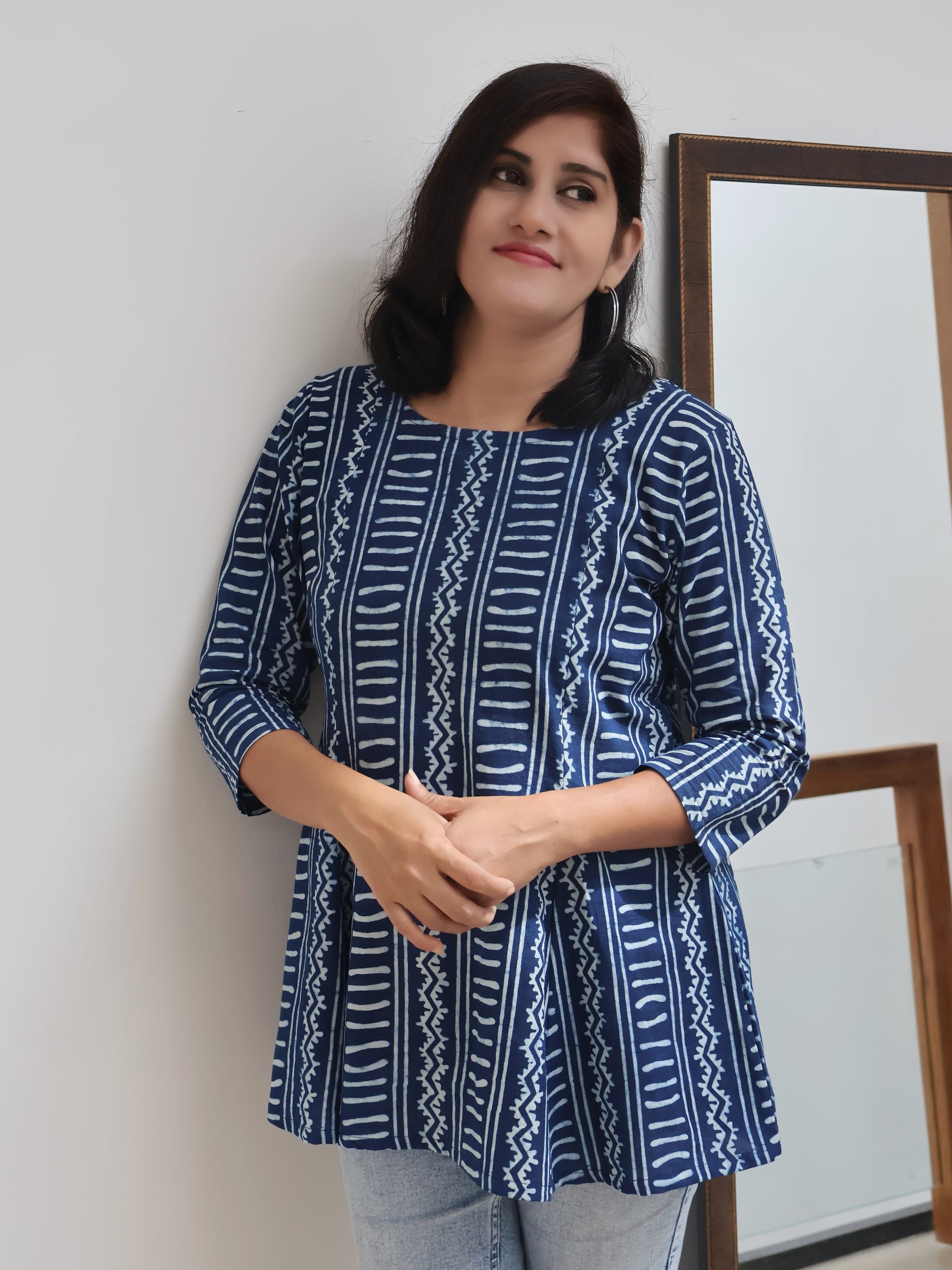Indigo Hand Block Cotton Short Top with round neckline, 3/4th sleeves, perfect for everyday wear