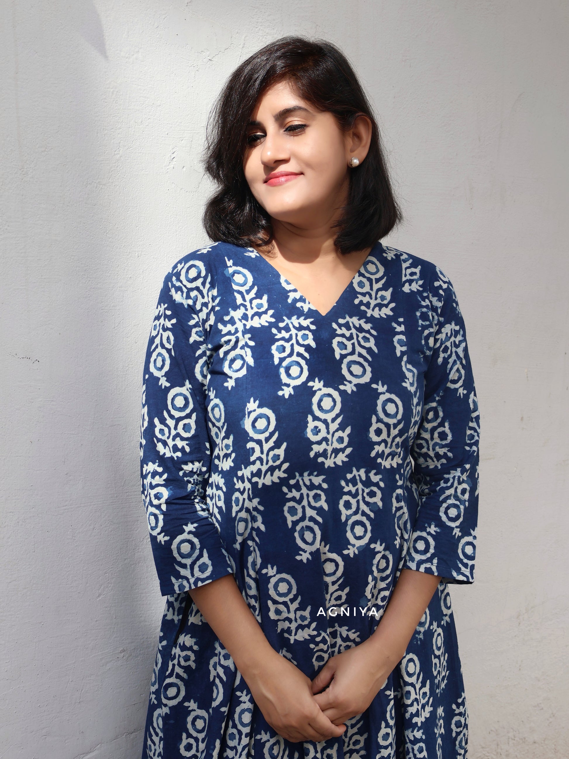 Natural dyed indigo cotton long kurta in paneled style
