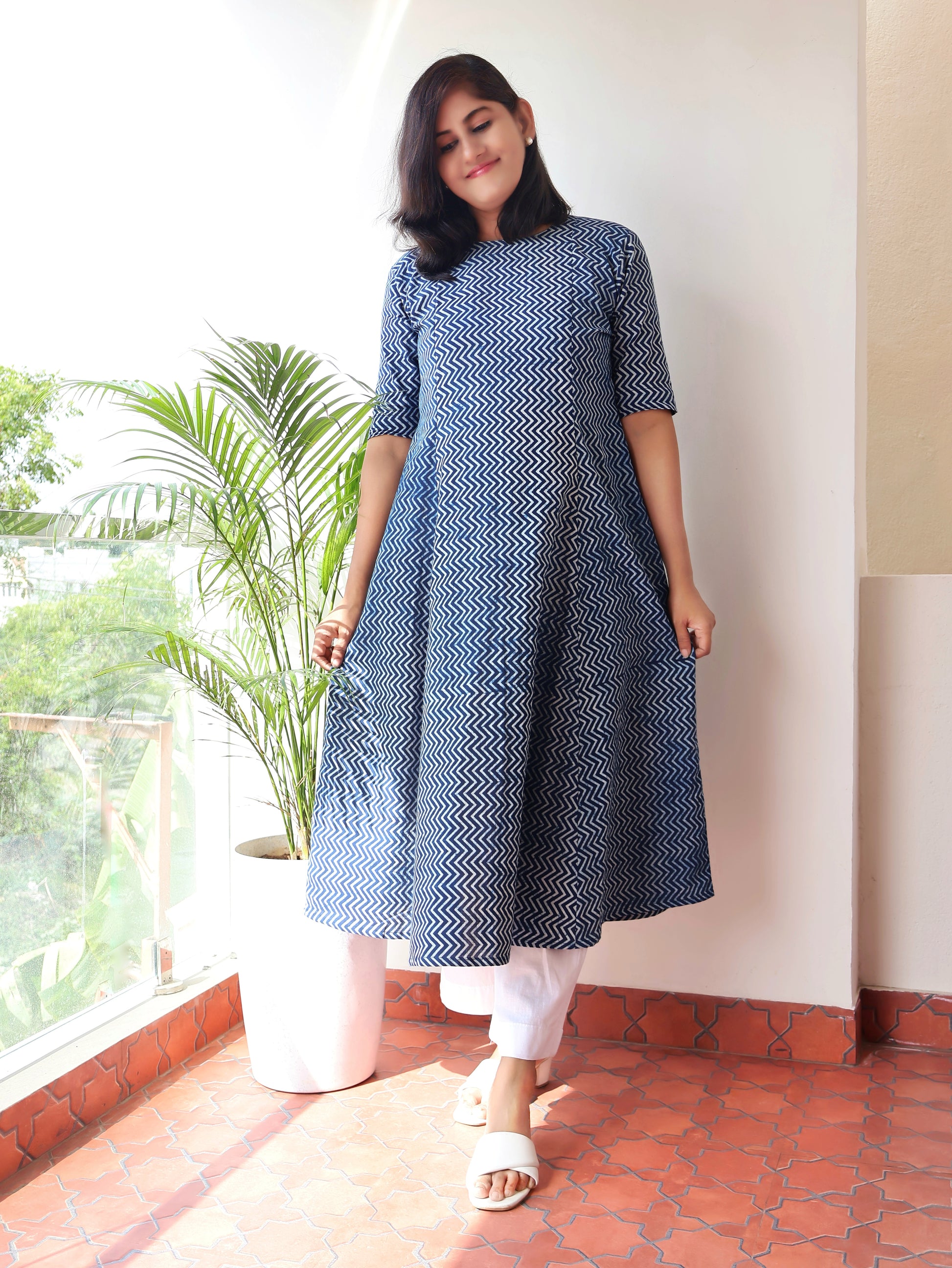 Handblock Indigo Cotton Kurta – Full-Length View