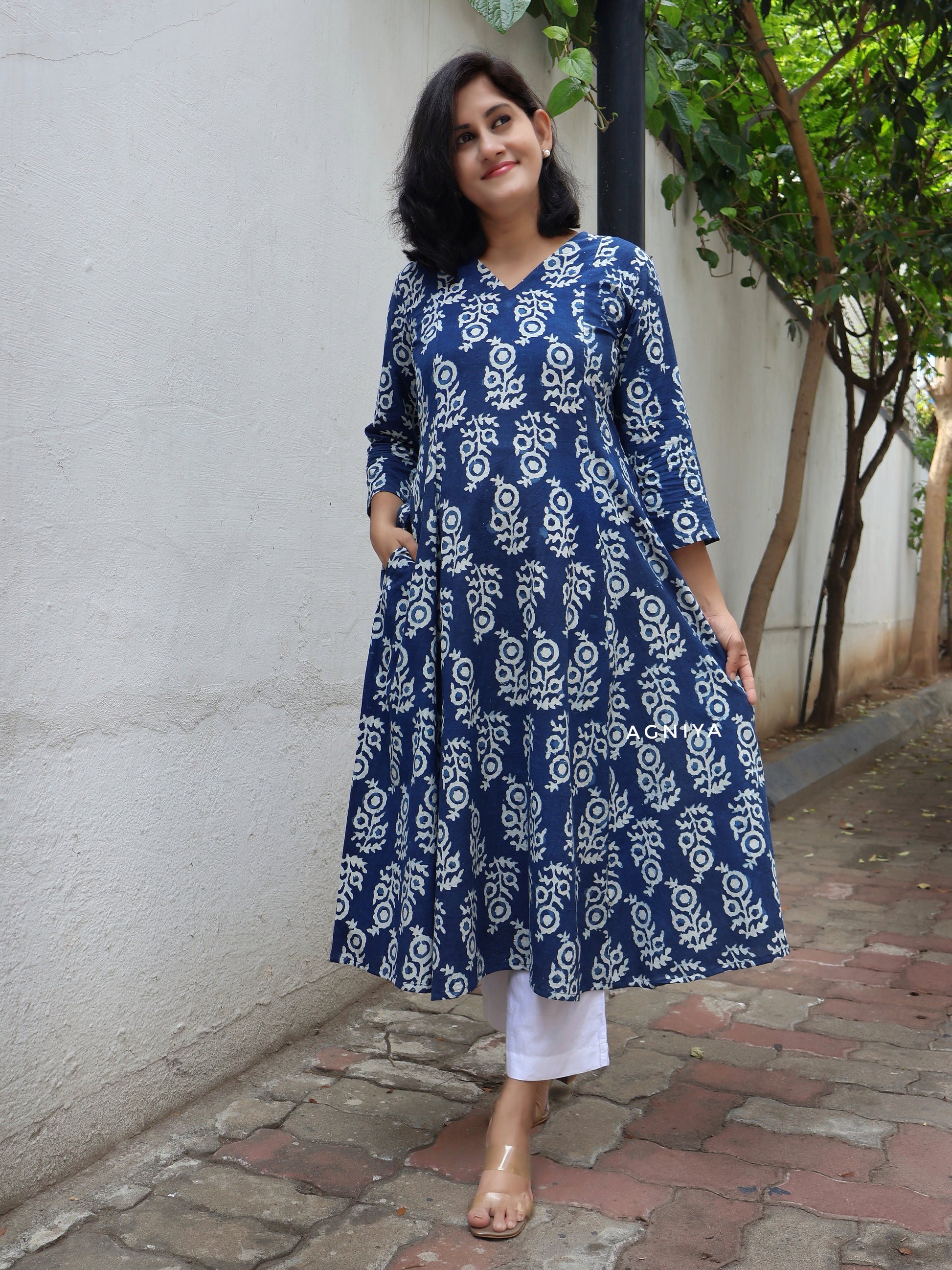 Indigo natural dyed pure cotton paneled long kurta for women