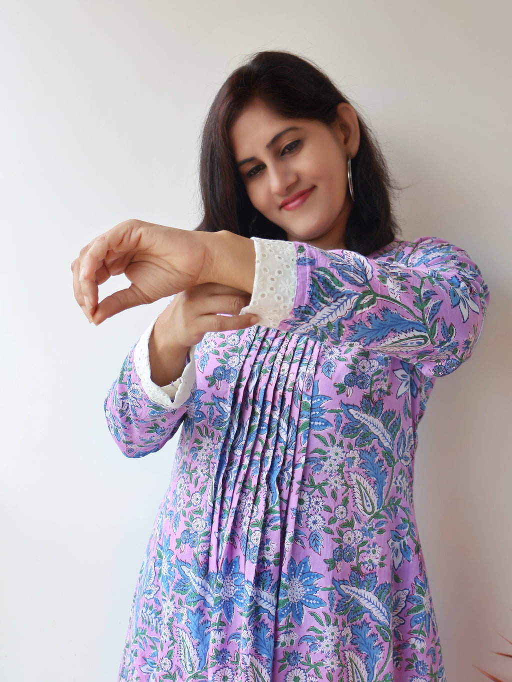 Close-up of Sanganeri Hand Block Print on Cotton Kurta with Hakoba Details