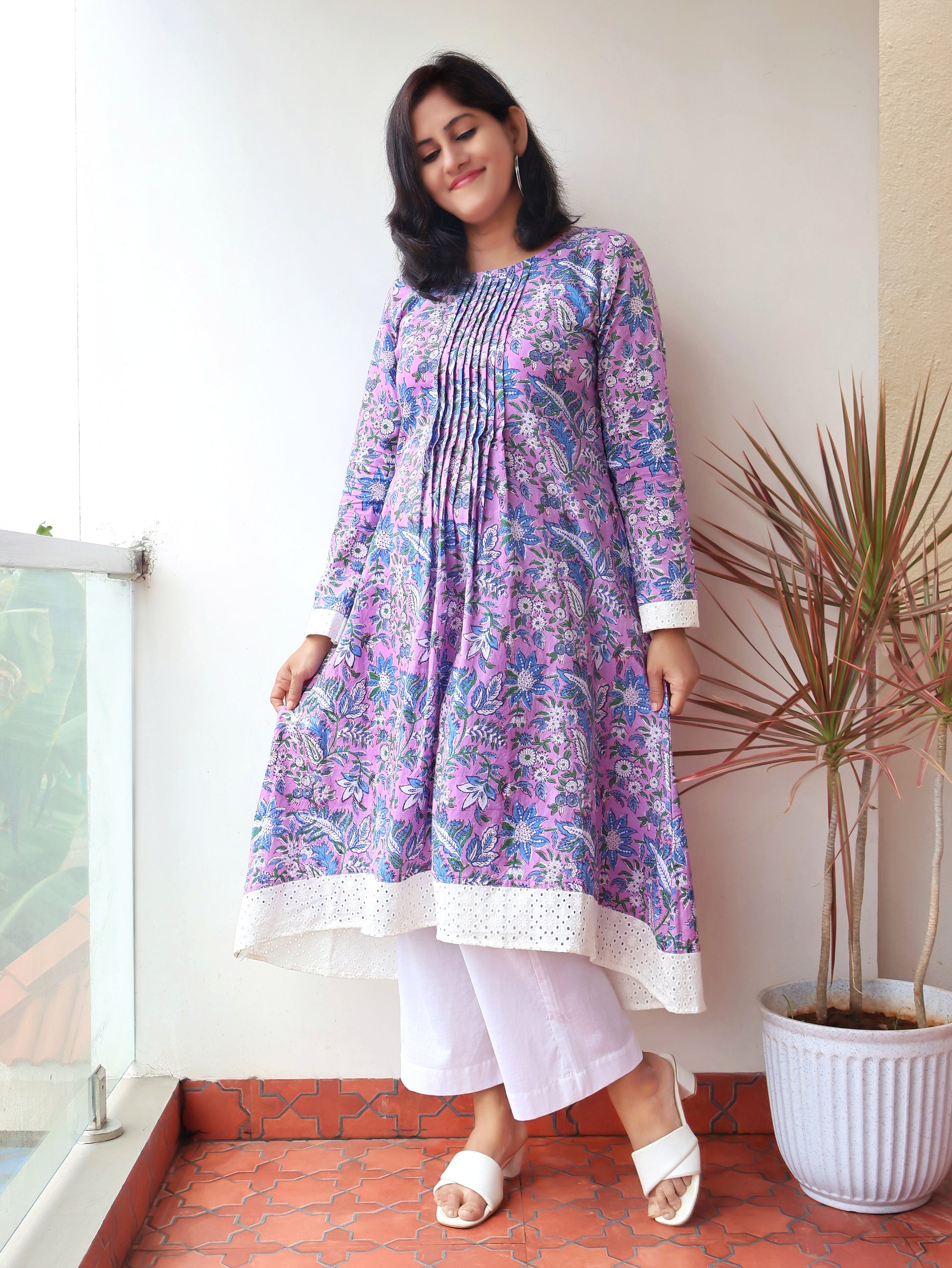 Iris Purple Sanganeri Hand Block A-line Cotton Kurta for Women