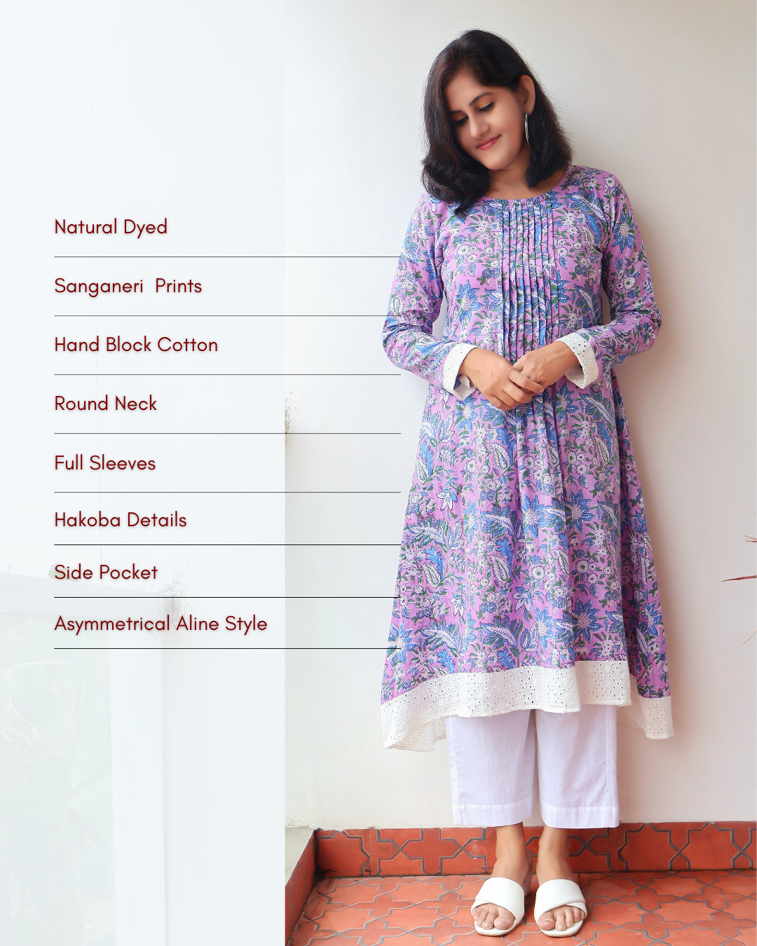 Iris Purple Sanganeri A-line Cotton Kurta