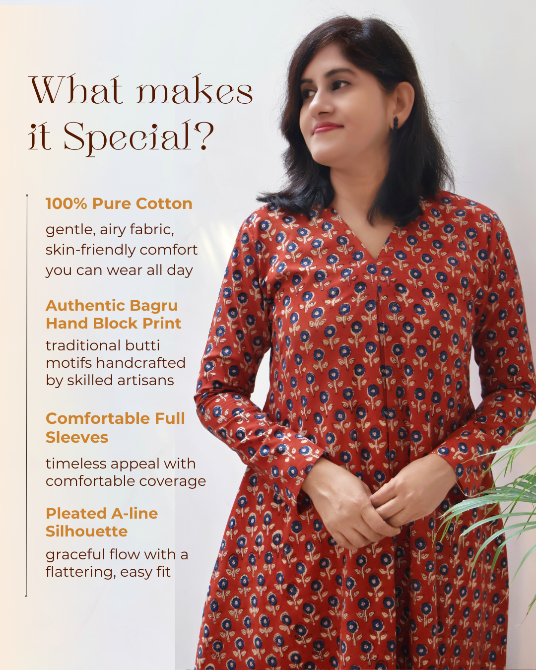 Woman wearing a red patterned dress with text describing its features.