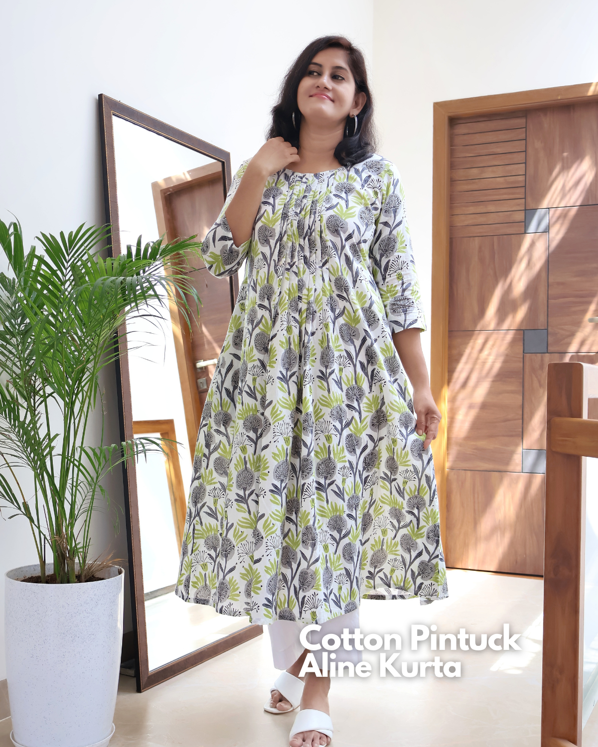 Snow White Cotton Pintuck A-line Long Kurta