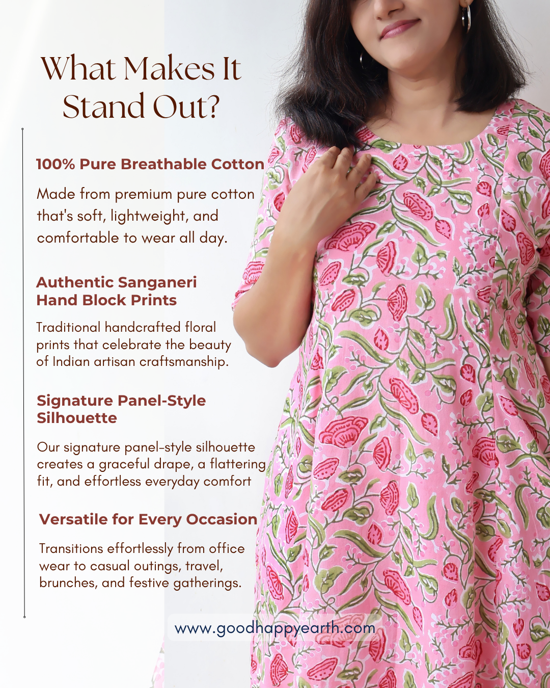 A woman wearing a pink cotton kurta with green and red floral sanganeri hand block prints, shown against a white background with descriptive text about the garment's features and materials.