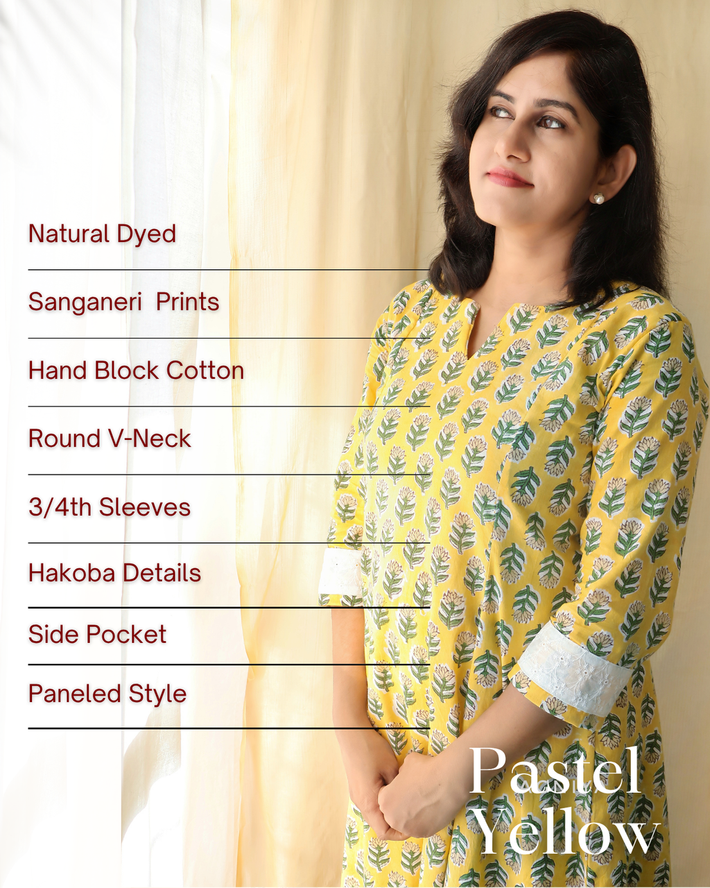 Woman wearing a yellow floral printed dress with text detailing fabric and style features.