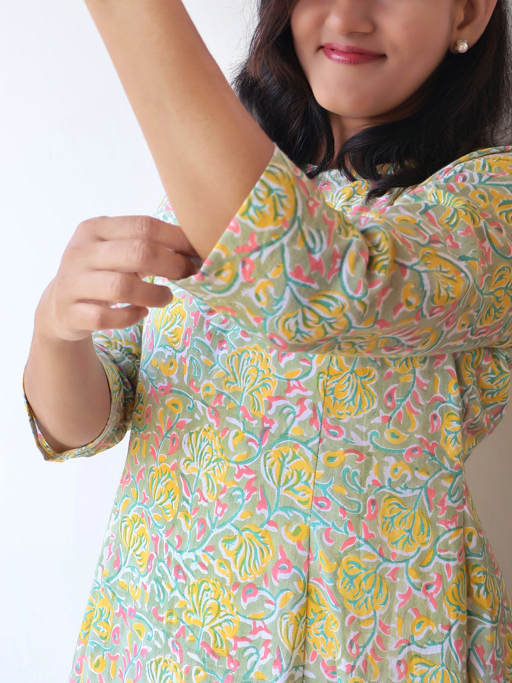 Pastel Green Sanganeri Hand Block Cotton Kurta