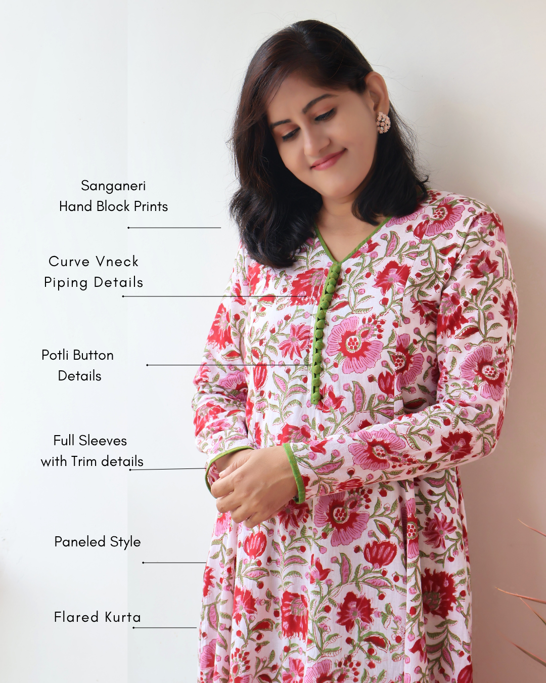Azalea Pink hand block printed cotton kurta for women with all details