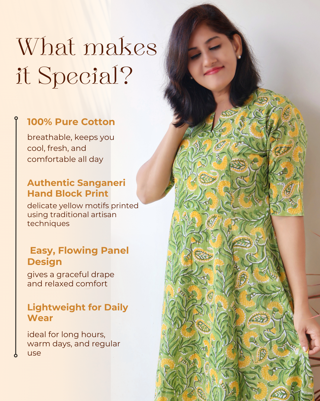 Woman wearing a green and yellow floral kurta with text describing its features.
