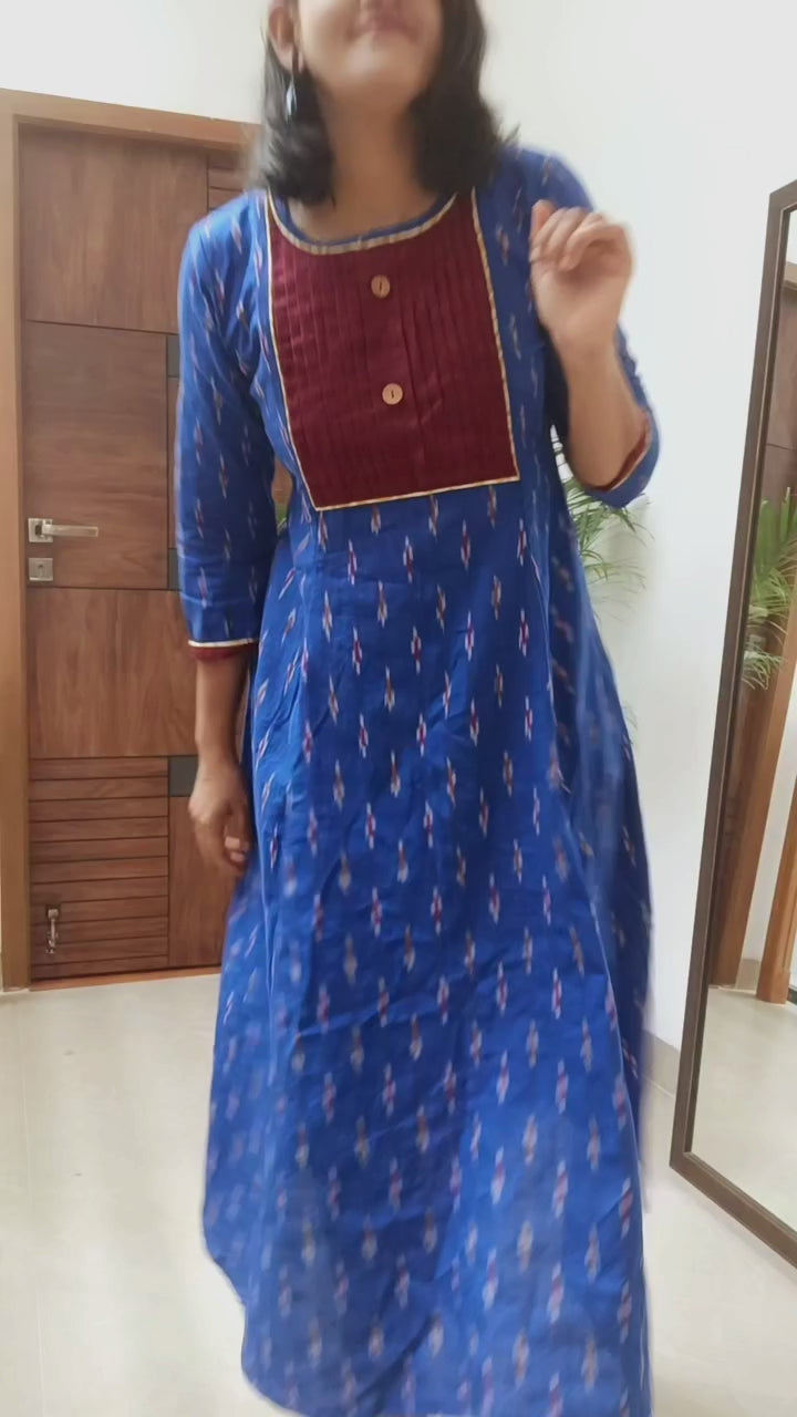 Blue Brilliance Handloom Ikkat Cotton Kurta with Pintuck Yoke