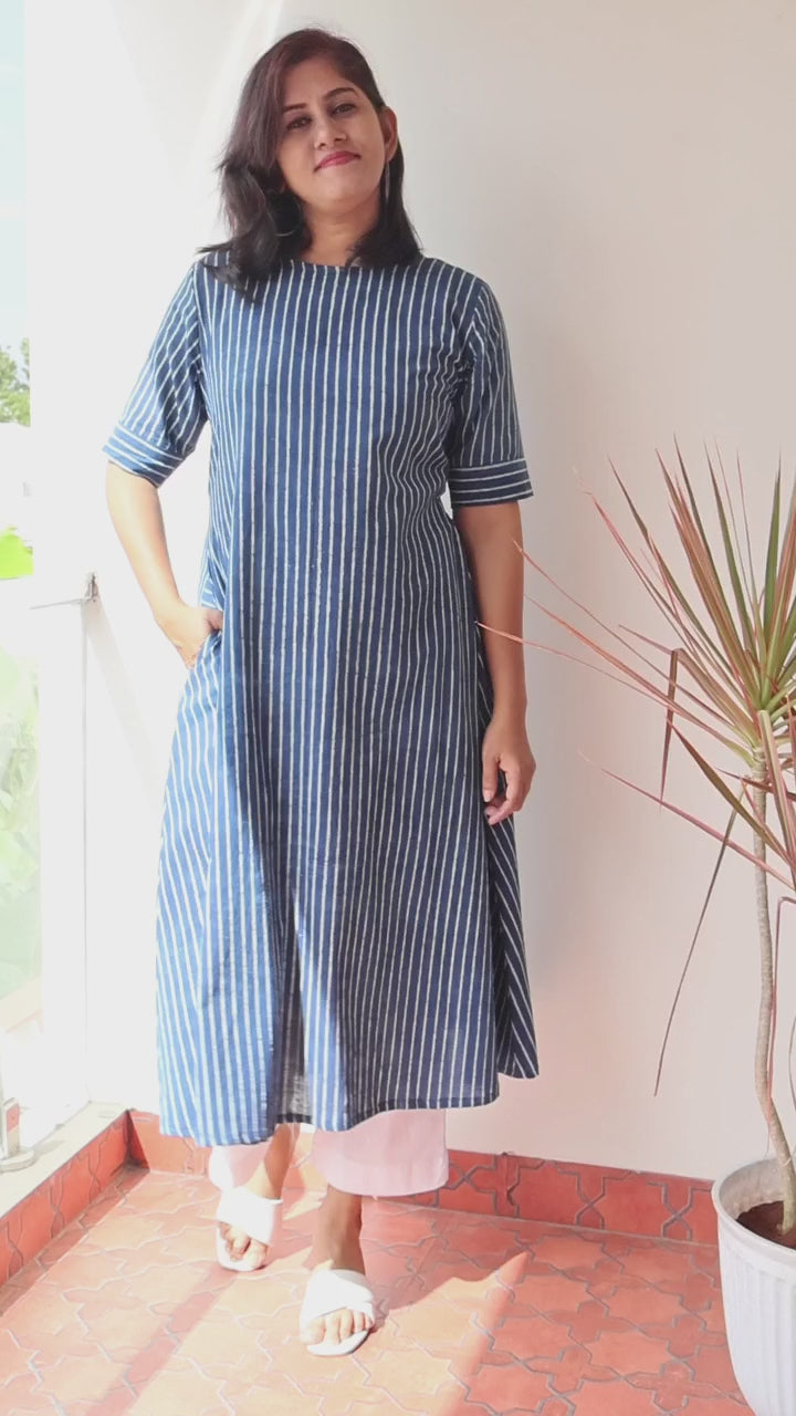 Stripes of Indigo Dabu Hand block Cotton Aline Kurta