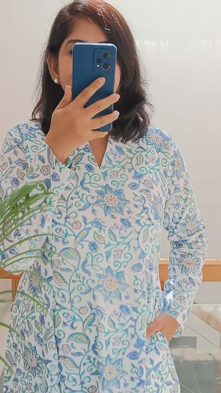 White Blue Sanganeri Hand Block Print Paneled Long Kurta