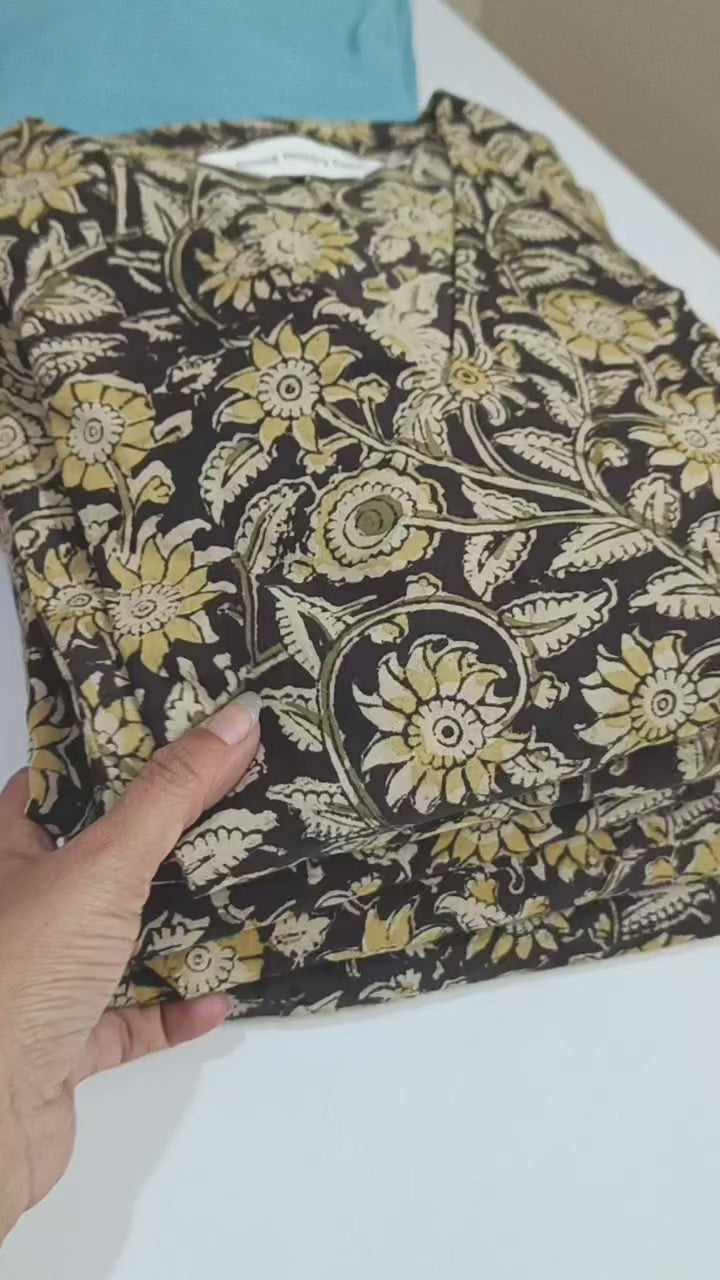 Black Mustard Kalamkari Cotton Hand Block  Paneled Kurta