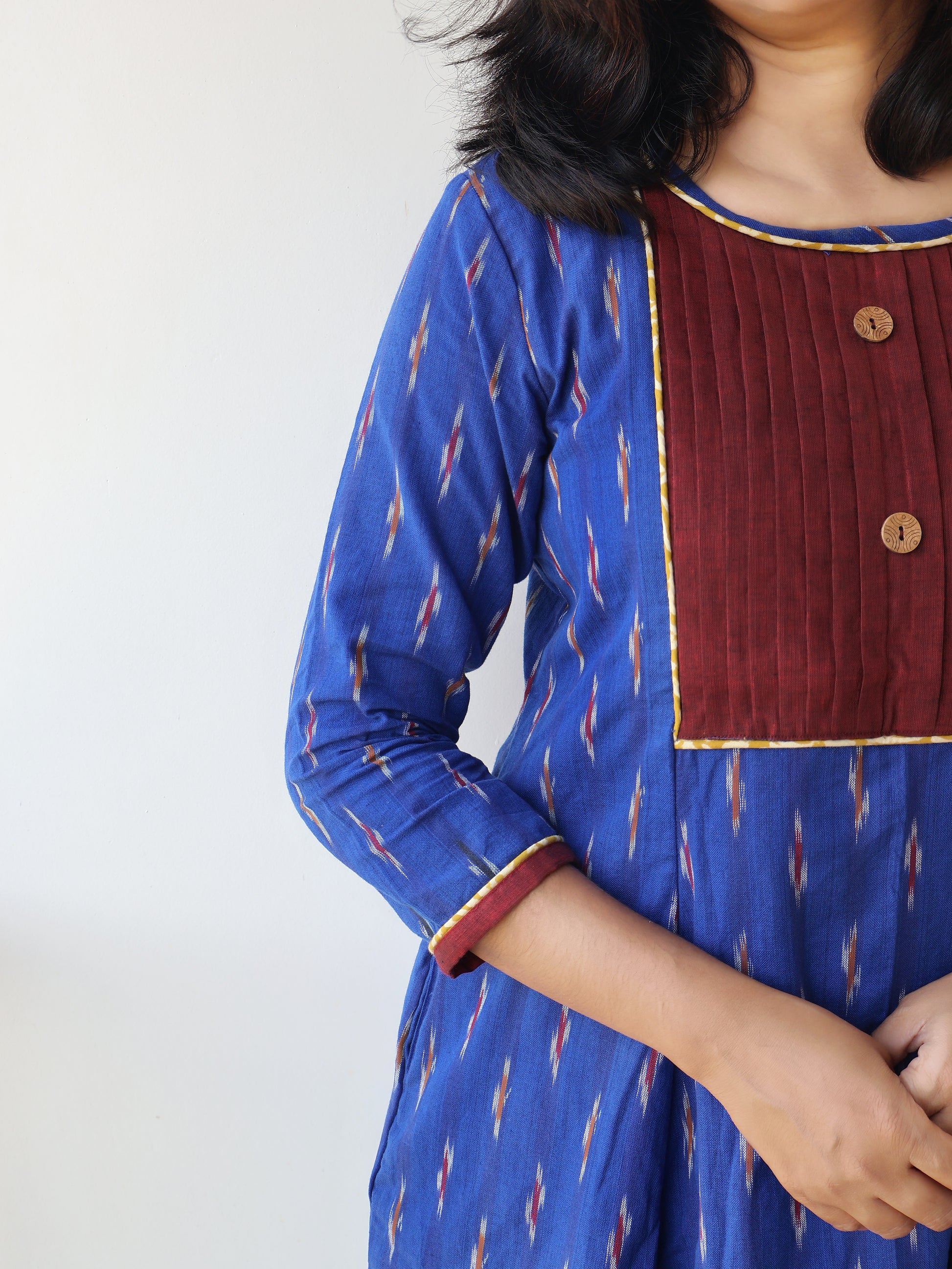 Handwoven Ikat Kurta in Blue with Maroon Yoke