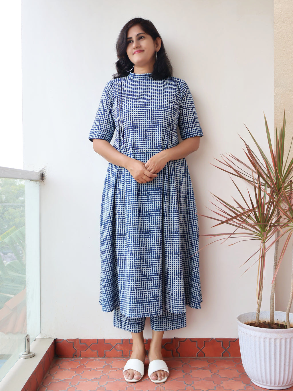 Full-length image of Pure cotton indigo printed kurta set with comfortable A-line silhouette