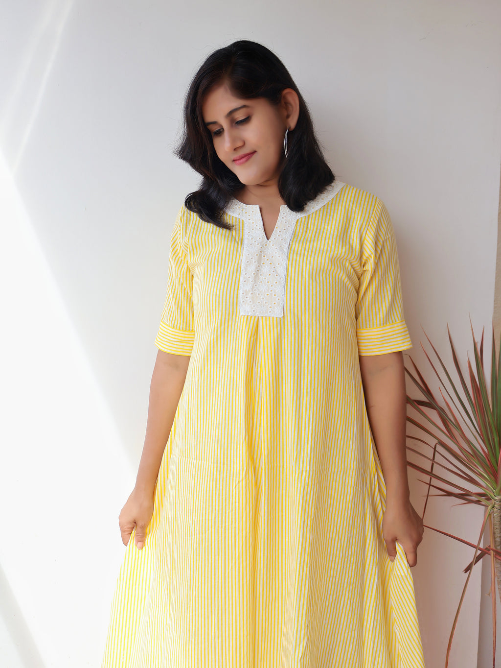 Yellow printed cotton kurta with Hakoba yoke and breathable A-line fit