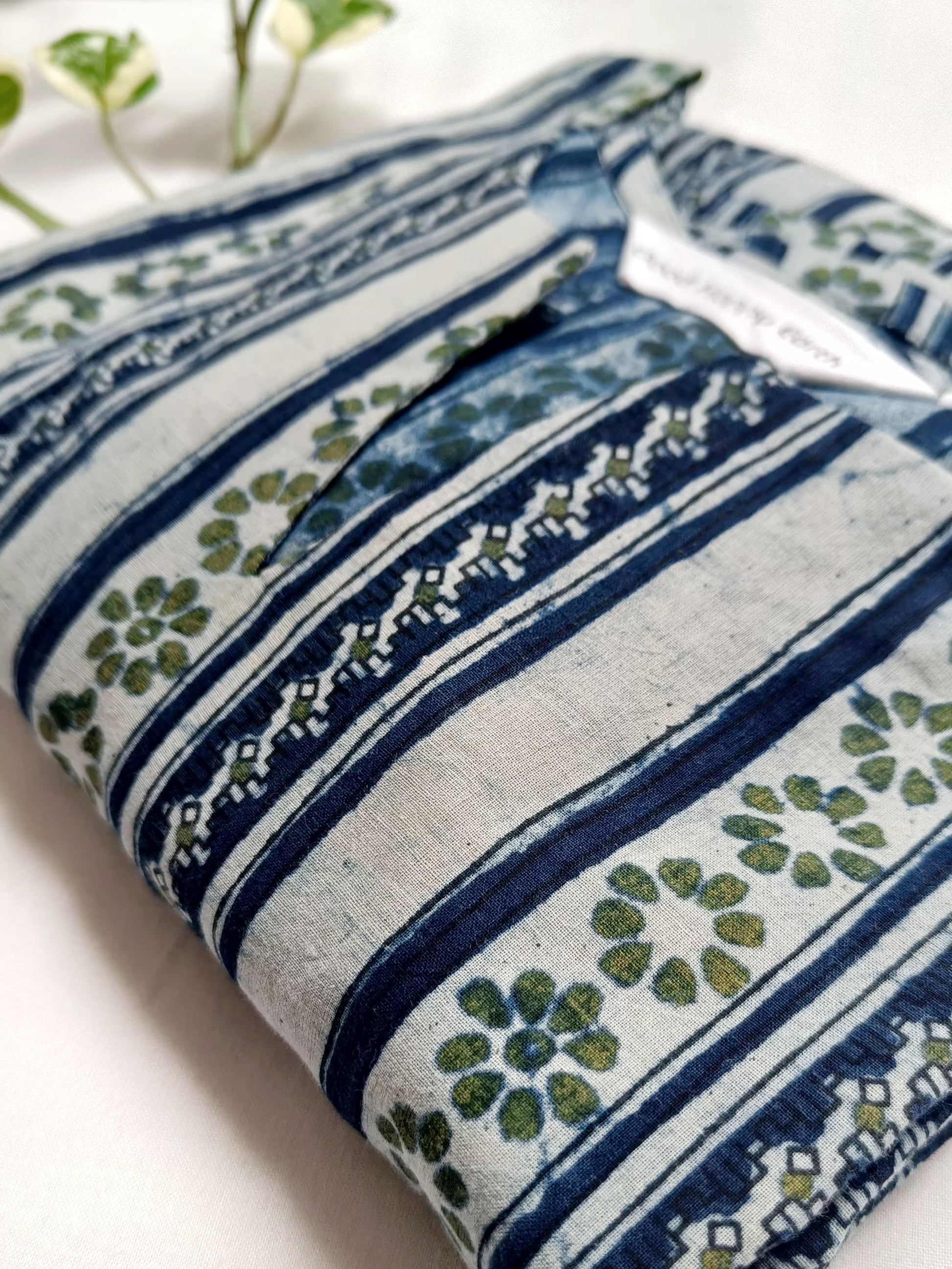 Women’s pure cotton Dabu handblock kurta in indigo blue with paneled A-line design and 3/4th sleeves for soft breathable and comfortable for all-day wear