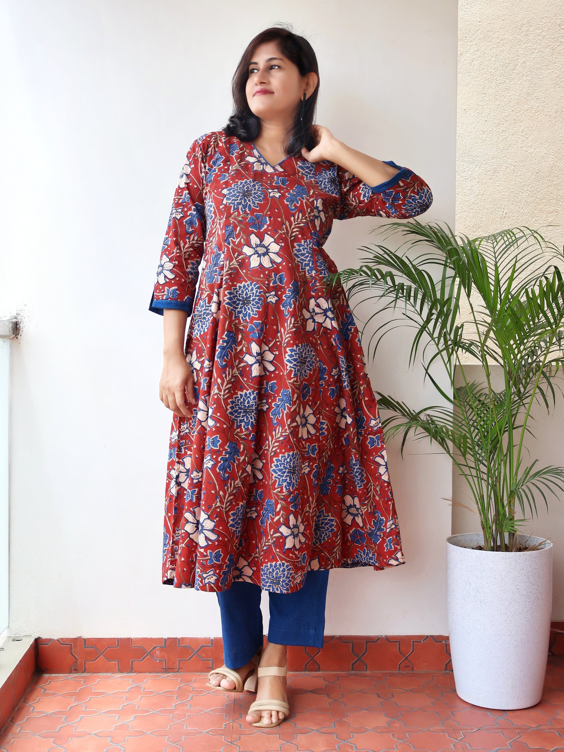 Red and blue Bagru hand block pure cotton paneled kurta with floral prints curved V neck and handwoven piping
