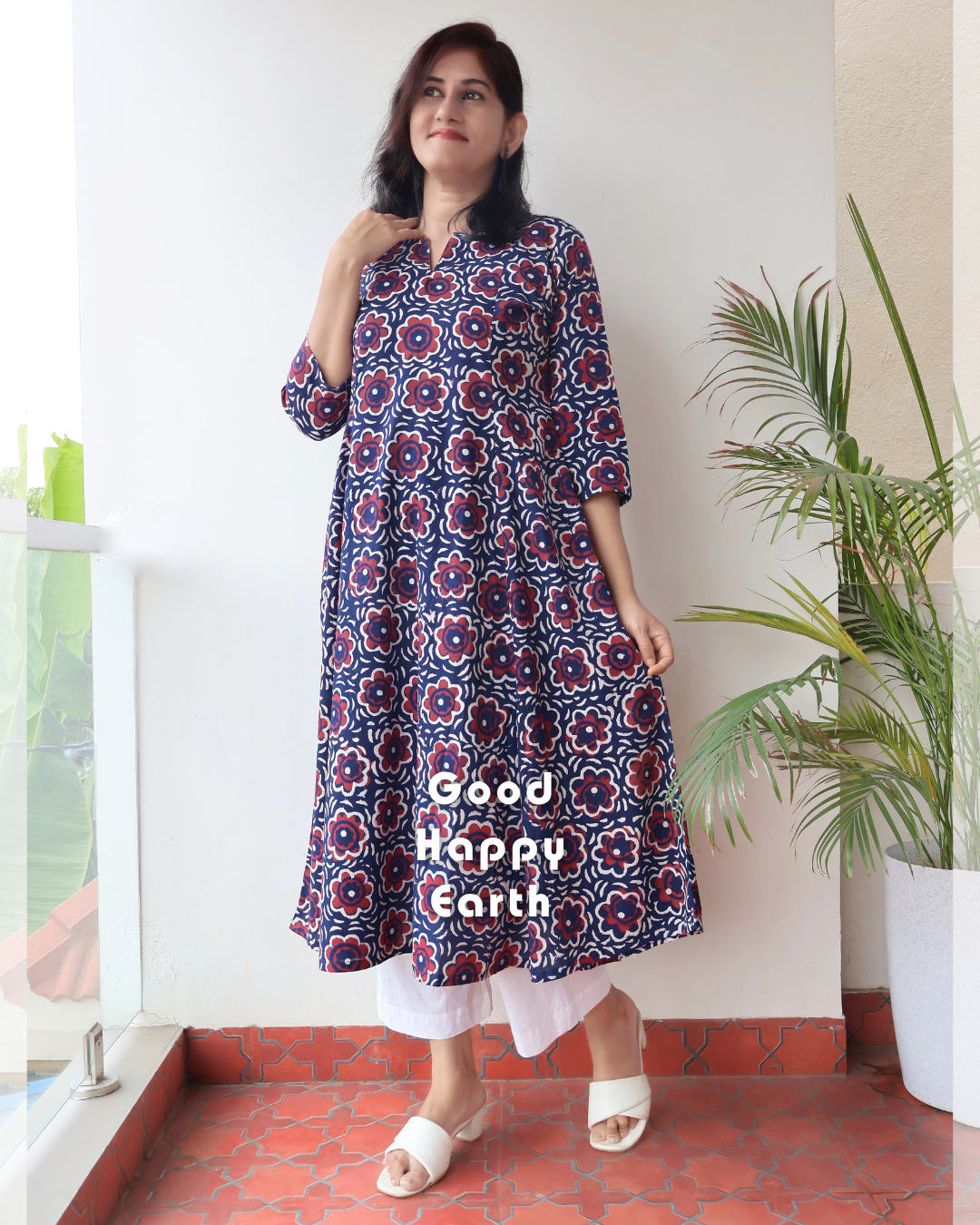 Charm Red Blue Bagru Hand Block Cotton Kurta