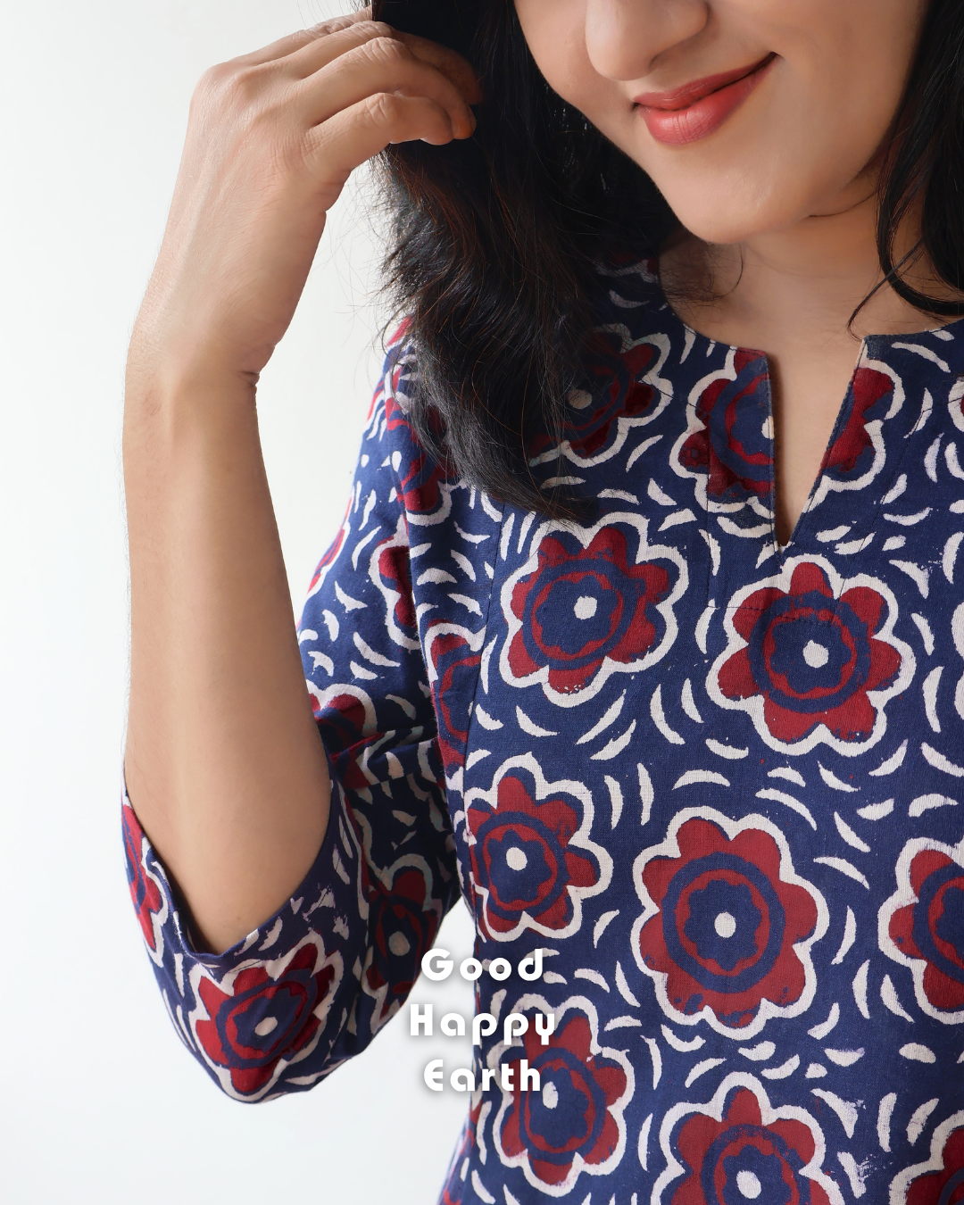 Charm Red Blue Bagru Hand Block Cotton Kurta