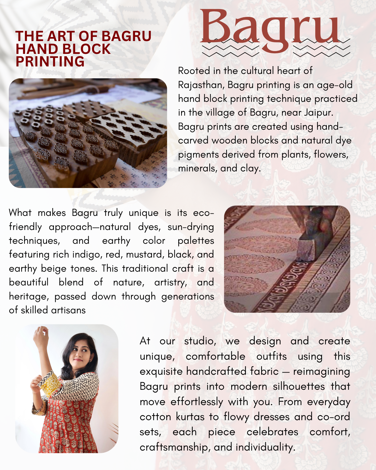 Informational text about Bagru hand block printing with images of printing process and a women wearing a bagru printed outfit.