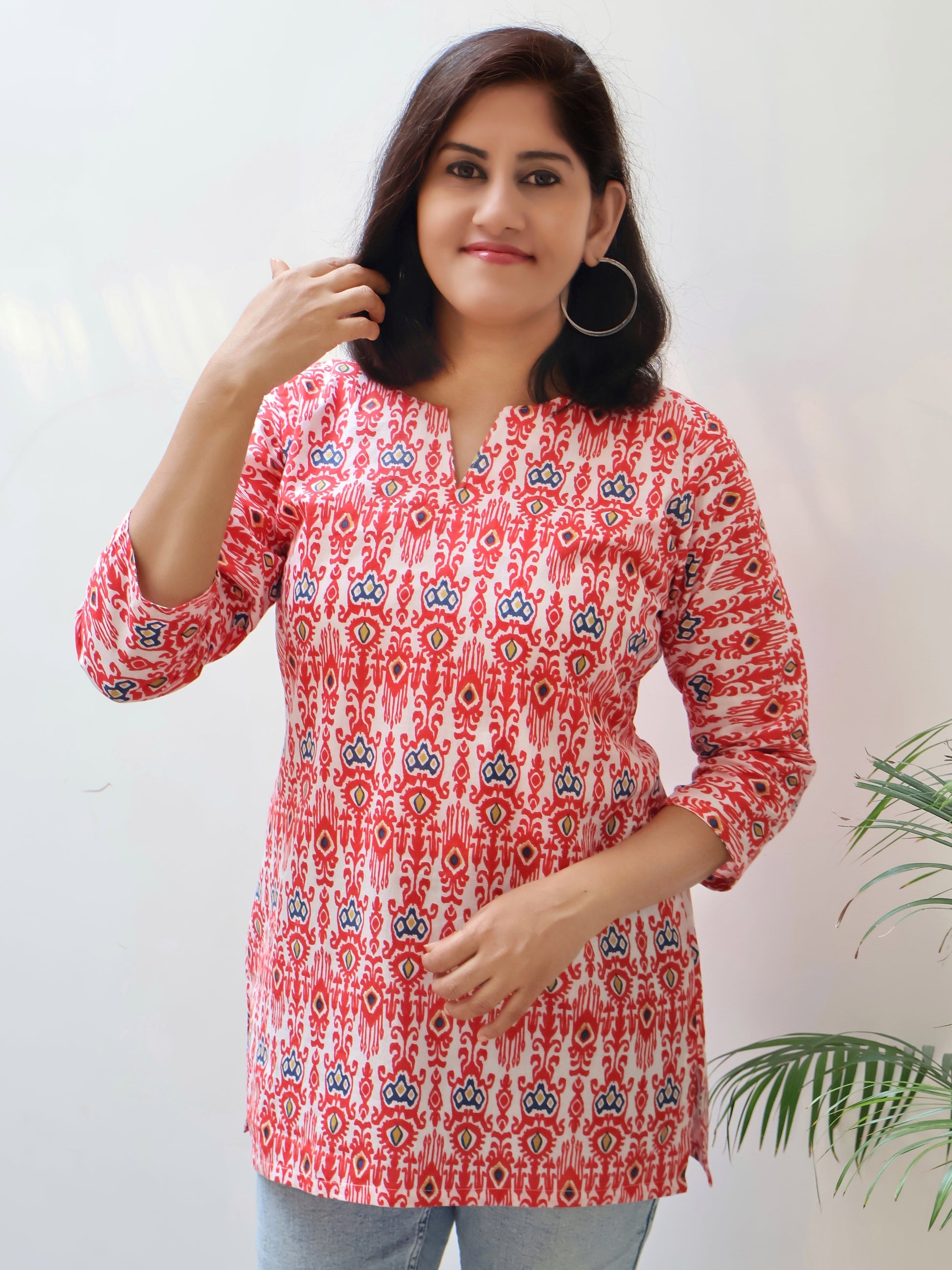 Breathable Cotton Red White Ikat Top for Everyday Comfort