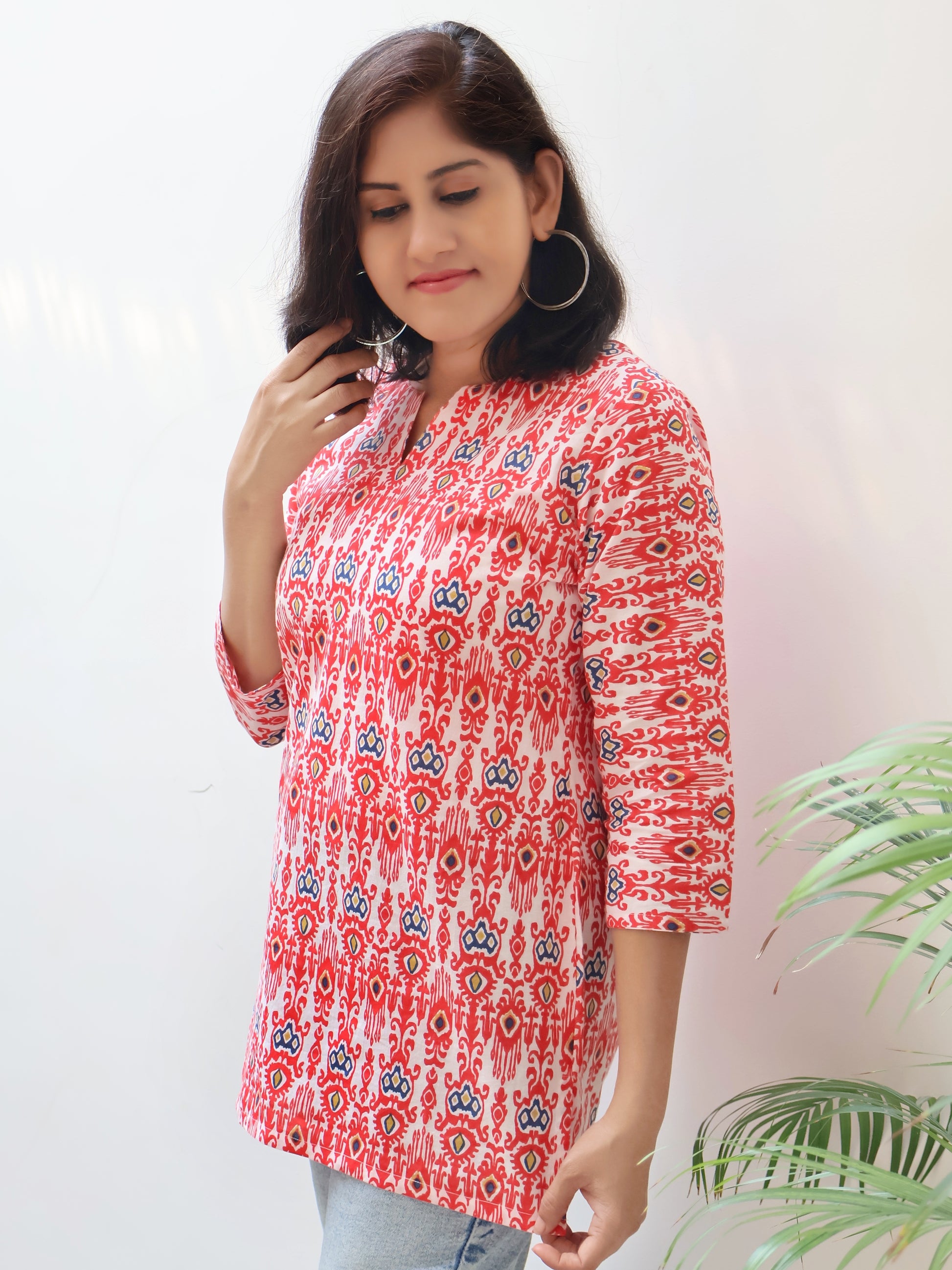 Soft Cotton Red White Ikat Print Top for Casual Wear