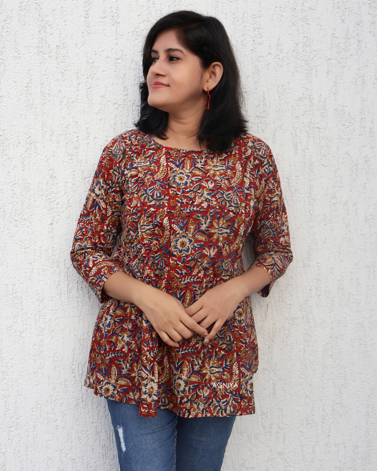 Red Vibrato Kalamkari Hand Block Cotton Short Top