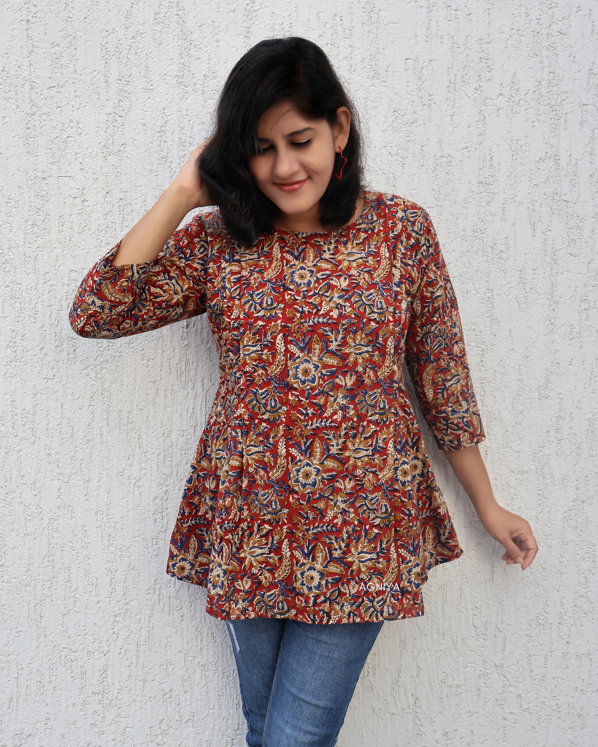 Red Vibrato Kalamkari Hand Block Cotton Short Top