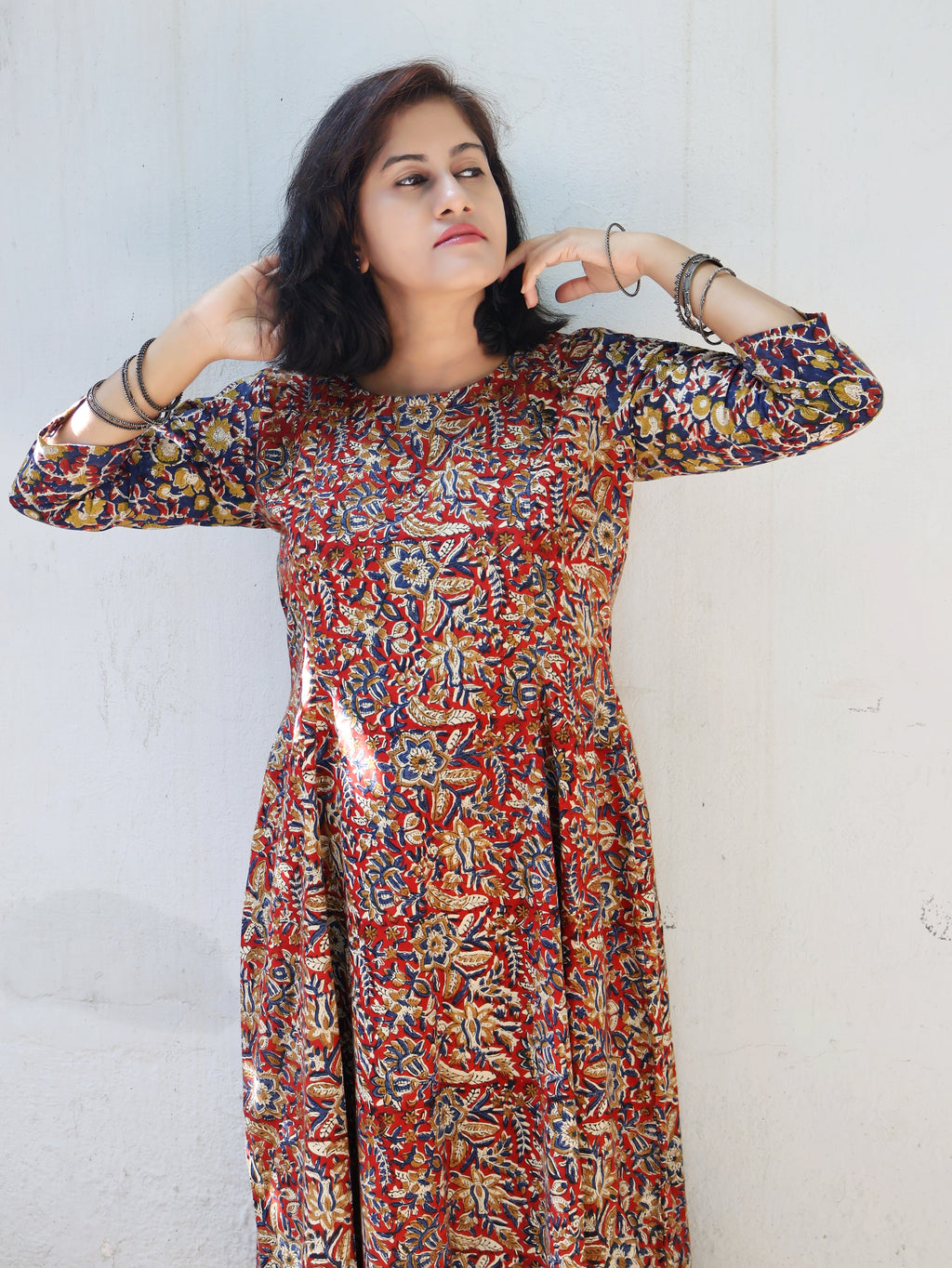 Red Blue Artisan-Made Kalamkari Cotton Kurta for Women